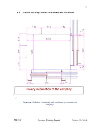 10
ME 300 Summer Practice Report October 19, 2016
E.6. Technical Drawing Example for Elevator Well Conditions
Figure 10. Technical Drawing for well conditions of a construction
company
Privacy information of the company
 