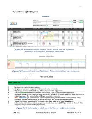 23
ME 300 Summer Practice Report October 19, 2016
H. Customer Offer Program
Parça: No: 1
Marka/Model 90x75x16 50x50x5 Model 3 Model 4 Model 5 Model 6 Model 7 Model 8 Model 9 Model 10
Savera 24,000 ₺ 14,650 ₺ - ₺ - ₺ - ₺ - ₺ - ₺ - ₺ - ₺ - ₺
Marka 2 - ₺ - ₺ - ₺ - ₺ - ₺ - ₺ - ₺ - ₺ - ₺ - ₺
Marka 3 - ₺ - ₺ - ₺ - ₺ - ₺ - ₺ - ₺ - ₺ - ₺ - ₺
Marka 4 - ₺ - ₺ - ₺ - ₺ - ₺ - ₺ - ₺ - ₺ - ₺ - ₺
Manual - ₺ - ₺ - ₺ - ₺ - ₺ - ₺ - ₺ - ₺ - ₺ - ₺
Malzeme Fiyat Listesi
Ray (Guide Rails)
1.
2.
3.
4.
5.
6.
8.
9.
1.
2.
3.
GENEL UYARILAR:
Bu dosyanın orijinal bir kopyasını saklayın.
Her güncellemeden sonra programda üretilen otomatik verileri kontrol edin.
Orijinal kopya olmaksızın bir formülü veya Data ayarlarını kesinlikle değiştirmeyin.
Yalnızca yeşil renkli alanlar sizin doldurmanız için ayrılmıştır. Diğer hücrelerdeki verileri değiştirmeyin.
Herbir parça için açılır liste menülerinden Marka ve Model seçiminizi yapın.
Herbir parça için kullanılması gereken miktar, sizin yerinize otomatik olarak doldurulur. Kontrol edin.
Kat Sayısı, Durak Sayısı gibi temel parametreleri girin.
A. Normal Liste Hazırlama:
Prosedürler
TEKLİF bölümü yatay sayfa çıktılarınız için tasarlanmıştır. Dikey sayfa yerine yatay sayfa kullanın.
Siyah bold hücreler program tarafından oluşturulan otomarik değerlerdir. Bu değerler yanlış dahi olsalar üzerlerinde bir
değişiklik yapmayın. Onun yerine B. Manuel Girişler prosedürünü takip edin.
Marka ve Modelleri açılır listelerden seçin. Eğer aradğınız model veya marka listelerde bulunmuyorsa ilgili tabloyu
güncelleyin. Kesinlikle tabloda olmayan bir veriyi el ile girmeyin. Aksi taktirde liste işlevini kaybedebilir.
İndirim oranları, maliyetinizden fazla ise program sizi otomatik olarak uyarır. (NOT: Eğer çok eski bir Microsoft Office
versiyonu kullanıyor iseniz bu özellik çalışmayabilir)
Figure 23. Main entrance of the program. In this section, user can input main
parameters and component parameters for each line.
Figure 24. Component brand/model data table. There are one table for each component.
Figure 25. Writed procedures which are writed for users and troubleshooting.
 
