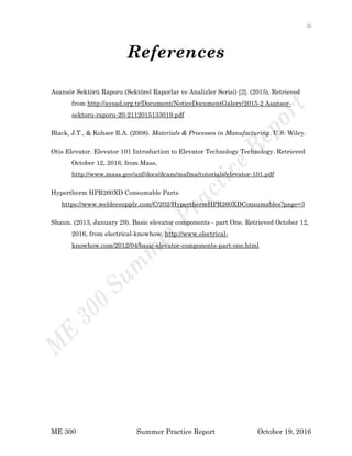 ii
ME 300 Summer Practice Report October 19, 2016
References
Asansör Sektörü Raporu (Sektörel Raporlar ve Analizler Serisi) [2]. (2015). Retrieved
from http://aysad.org.tr/Document/NoticeDocumentGalery/2015-2 Asansor-
sektoru-raporu-20-2112015133019.pdf
Black, J.T., & Kohser R.A. (2008). Materials & Processes in Manufacturing. U.S: Wiley.
Otis Elevator. Elevator 101 Introduction to Elevator Technology Technology. Retrieved
October 12, 2016, from Mass,
http://www.mass.gov/anf/docs/dcam/mafma/tutorials/elevator-101.pdf
Hypertherm HPR260XD Consumable Parts
https://www.weldersupply.com/C/202/HyperthermHPR260XDConsumables?page=3
Shaun. (2013, January 29). Basic elevator components - part One. Retrieved October 12,
2016, from electrical-knowhow, http://www.electrical-
knowhow.com/2012/04/basic-elevator-components-part-one.html
 