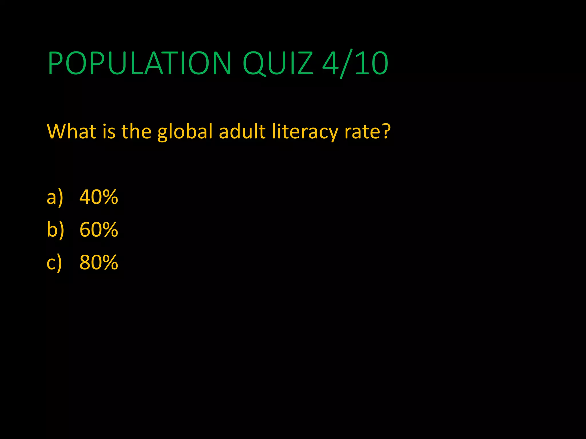 POPULATION QUIZ 4/10
What is the global adult literacy rate?
a) 40%
b) 60%
c) 80%
 