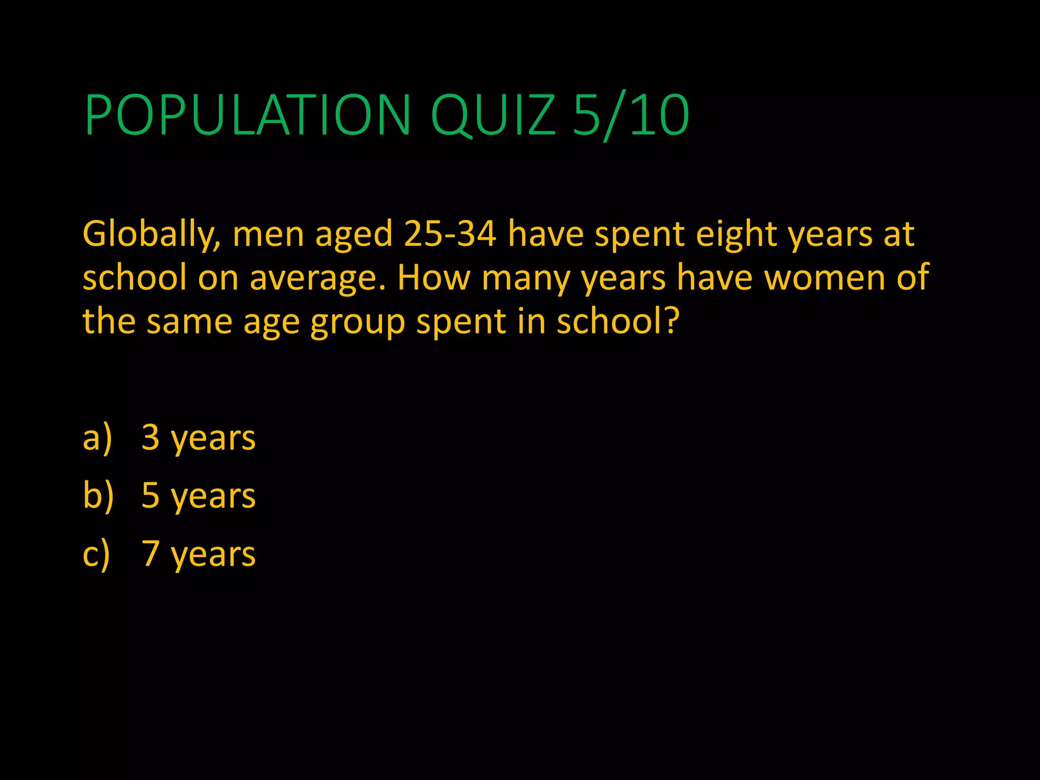 POPULATION QUIZ 5/10
Globally, men aged 25-34 have spent eight years at
school on average. How many years have women of
the same age group spent in school?
a) 3 years
b) 5 years
c) 7 years
 