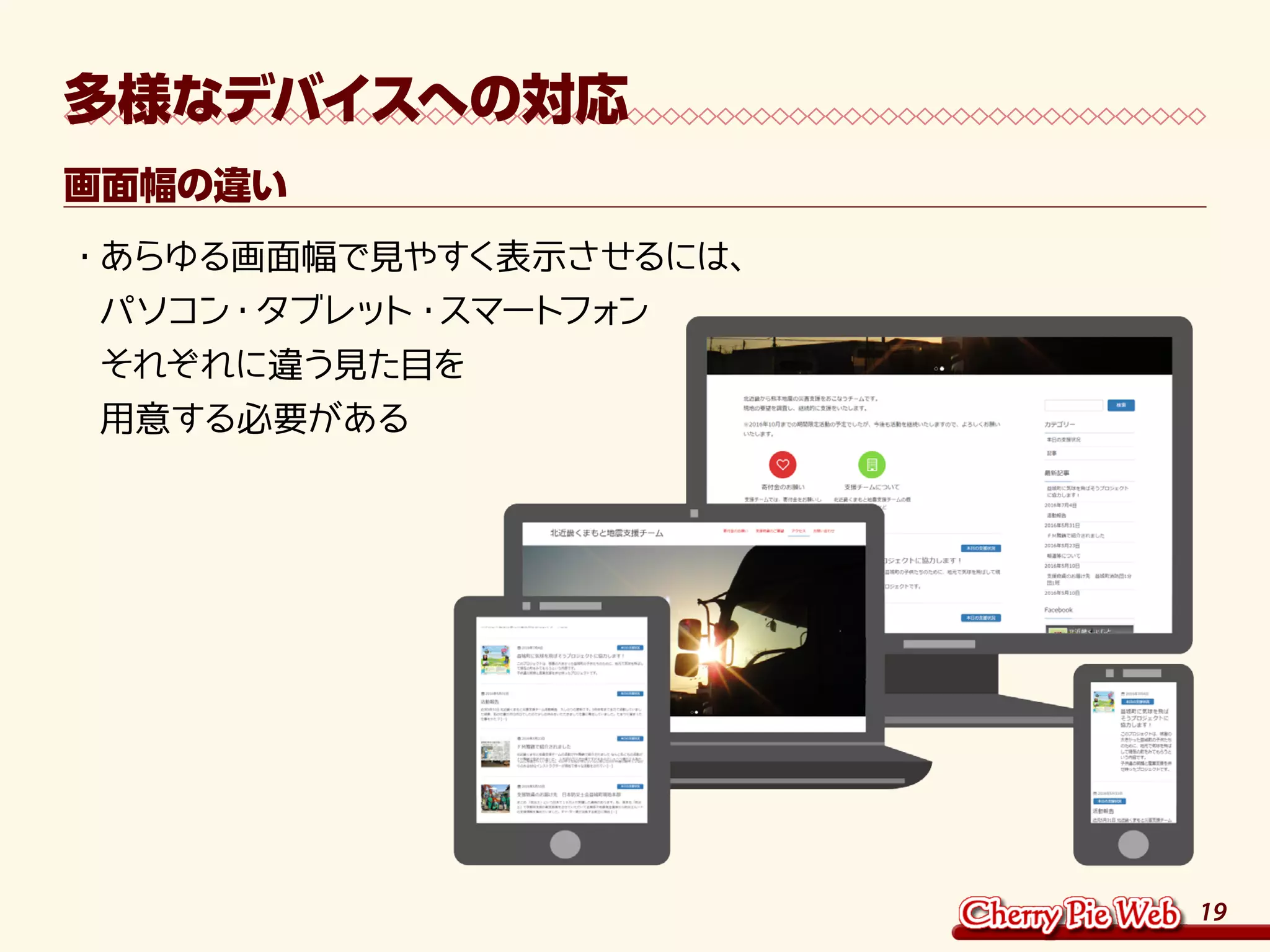 19
多様なデバイスへの対応
画面幅の違い
・	あらゆる画面幅で見やすく表示させるには、
パソコン・タブレット・スマートフォン
それぞれに違う見た目を
用意する必要がある
 