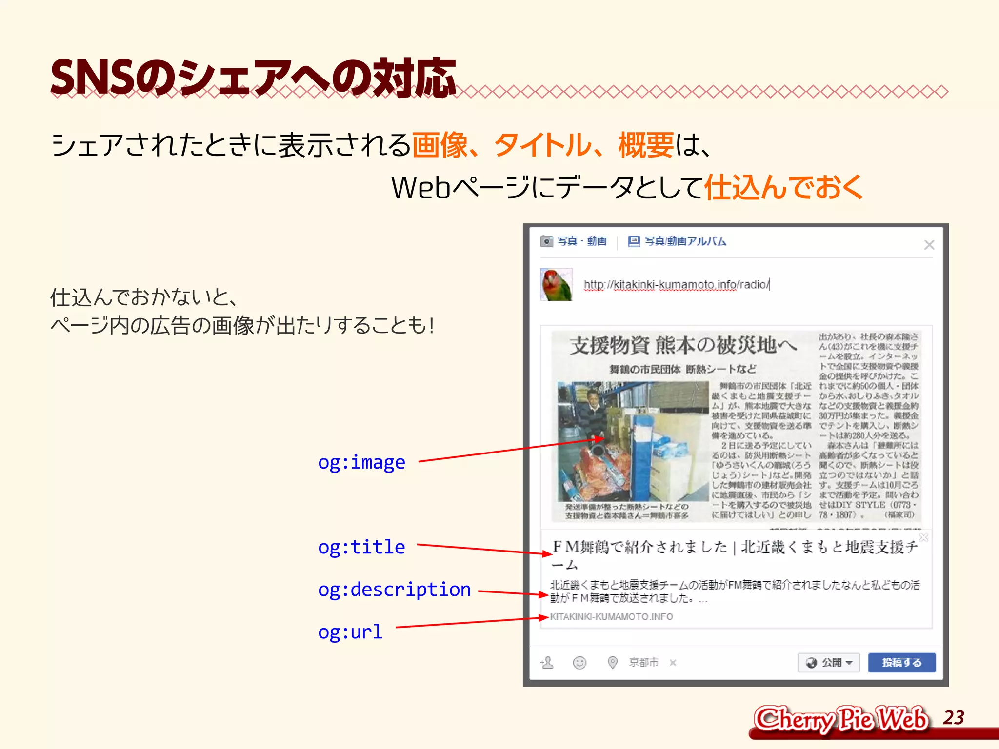 23
SNSのシェアへの対応
シェアされたときに表示される画像、タイトル、概要は、
　　　　　　　　　　　　Webページにデータとして仕込んでおく
仕込んでおかないと、
ページ内の広告の画像が出たりすることも！
og:image
og:title
og:description
og:url
 