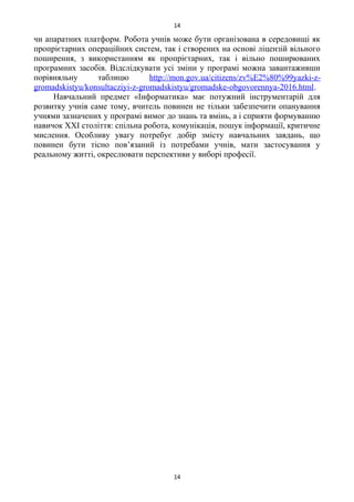 чи апаратних платформ. Робота учнів може бути організована в середовищі як
пропрієтарних операційних систем, так і створених на основі ліцензій вільного
поширення, з використанням як пропрієтарних, так і вільно поширюваних
програмних засобів. Відслідкувати усі зміни у програмі можна завантаживши
порівняльну таблицю http://mon.gov.ua/citizens/zv%E2%80%99yazki-z-
gromadskistyu/konsultacziyi-z-gromadskistyu/gromadske-obgovorennya-2016.html.
Навчальний предмет «Інформатика» має потужний інструментарій для
розвитку учнів саме тому, вчитель повинен не тільки забезпечити опанування
учнями зазначених у програмі вимог до знань та вмінь, а і сприяти формуванню
навичок ХХІ століття: спільна робота, комунікація, пошук інформації, критичне
мислення. Особливу увагу потребує добір змісту навчальних завдань, що
повинен бути тісно пов’язаний із потребами учнів, мати застосування у
реальному житті, окреслювати перспективи у виборі професії.
14
14
 