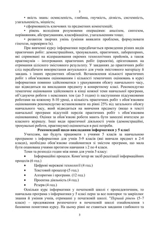 • якість знань: осмисленість, глибина, гнучкість, дієвість, системність,
узагальненість, міцність;
• сформованість ключових та предметних компетенцій;
• рівень володіння розумовими операціями: аналізом, синтезом,
порівнянням, абстрагуванням, класифікацією, узагальненням тощо;
• розвиток творчих умінь (уміння виявляти проблеми, формулювати
гіпотези, перевіряти їх).
При вивченні курсу інформатики передбачається проведення різних видів
практичних робіт: демонстраційних, тренувальних, практичних, лабораторних,
які спрямовані на відпрацювання окремих технологічних прийомів, а також
практикумів – інтегрованих практичних робіт (проектів), орієнтованих на
отримання цілісного змістовного результату. У завданнях до практичних робіт
слід передбачати використання актуального для учнів змістовного матеріалу й
завдань з інших предметних областей. Встановлення кількості практичних
робіт з обов’язковим оцінюванням і кількості тематичних оцінювань в курсі
інформатики повинно здійснюватися з урахуванням обсягу навчального часу,
що відводиться на викладання предмету в конкретному класі. Рекомендуємо
тематичне оцінювання здійснювати в кінці кожної теми навчальної програми,
об’єднуючи роботи з невеликих тем (до 5 годин) із наступними підсумковими
роботами на кожному 8-10 уроці, а кількість практичних робіт з обов’язковим
оцінюванням рекомендуємо встановлювати на рівні 25% від загального обсягу
навчального часу, який відводиться на вивчення предмету (якщо в тексті
навчальної програми відсутній перелік практичних робіт з обов’язковим
оцінюванням). Оцінки за обов’язкові роботи мають бути занесені вчителем до
класного журналу. Інші види практичної діяльності учнів (демонстраційні,
тренувальні роботи, практикуми) оцінюються в разі потреби.
Рекомендації щодо викладання інформатики у 5 класі
Учителям, що будуть працювати з учнями 5 класів за навчальною
програмою з інформатики для учнів 5-9 класів (які вивчали предмет в 2-4
класах), необхідно обов’язково ознайомитися зі змістом програми, що мала
бути опанована учнями протягом навчання з 2 по 4 класи.
Теми та розподіл годин між ними для учнів 5 класу:
• Інформаційні процеси. Комп’ютер як засіб реалізації інформаційних
процесів (6 год.)
• Цифрові мережеві технології (4 год.)
• Текстовий процесор (5 год.)
• Алгоритми і програми. (12 год.)
• Проектна діяльність (4 год.)
• Резерв (4 год.)
Оскільки курс інформатики у початковій школі є пропедевтичним, то
навчальна програма з інформатики у 5 класі перш за все повторює та закріплює
знання й уміння учнів, отриманні у початковій школі. "Перший рівень (5–7
класи) – продовження розпочатого в початковій школі ознайомлення з
базовими поняттями курсу. На цьому рівні не ставиться завдання глибокого та
3
3
 