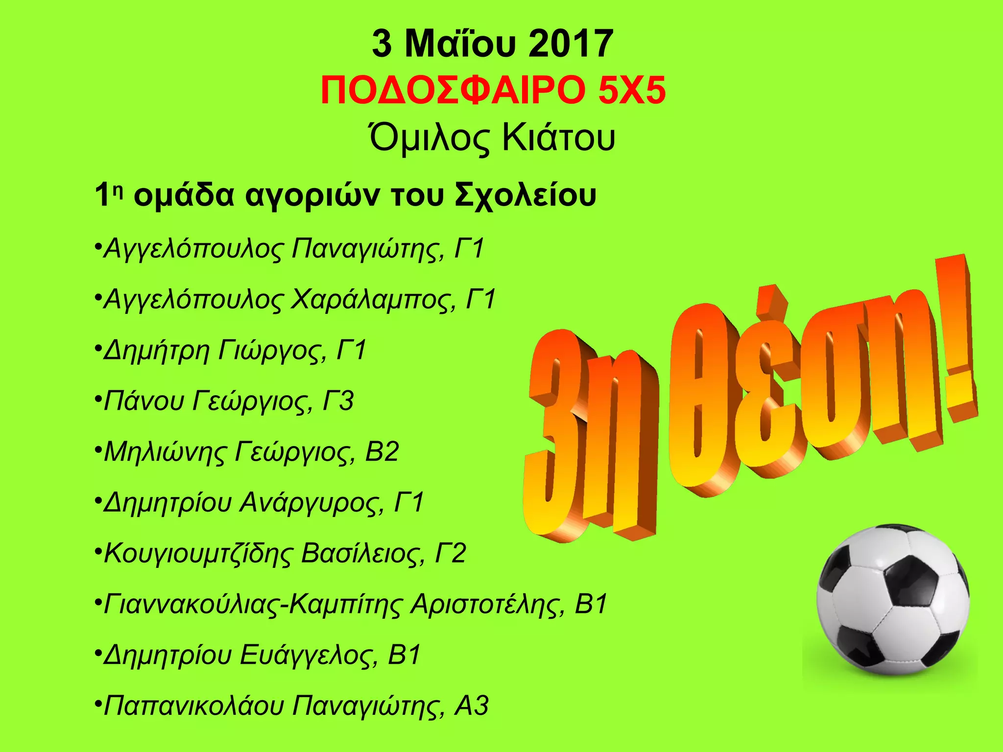 3 Μαΐου 2017
ΠΟΔΟΣΦΑΙΡΟ 5Χ5
Όμιλος Κιάτου
1η
ομάδα αγοριών του Σχολείου
•Αγγελόπουλος Παναγιώτης, Γ1
•Αγγελόπουλος Χαράλαμπος, Γ1
•Δημήτρη Γιώργος, Γ1
•Πάνου Γεώργιος, Γ3
•Μηλιώνης Γεώργιος, Β2
•Δημητρίου Ανάργυρος, Γ1
•Κουγιουμτζίδης Βασίλειος, Γ2
•Γιαννακούλιας-Καμπίτης Αριστοτέλης, Β1
•Δημητρίου Ευάγγελος, Β1
•Παπανικολάου Παναγιώτης, Α3
 