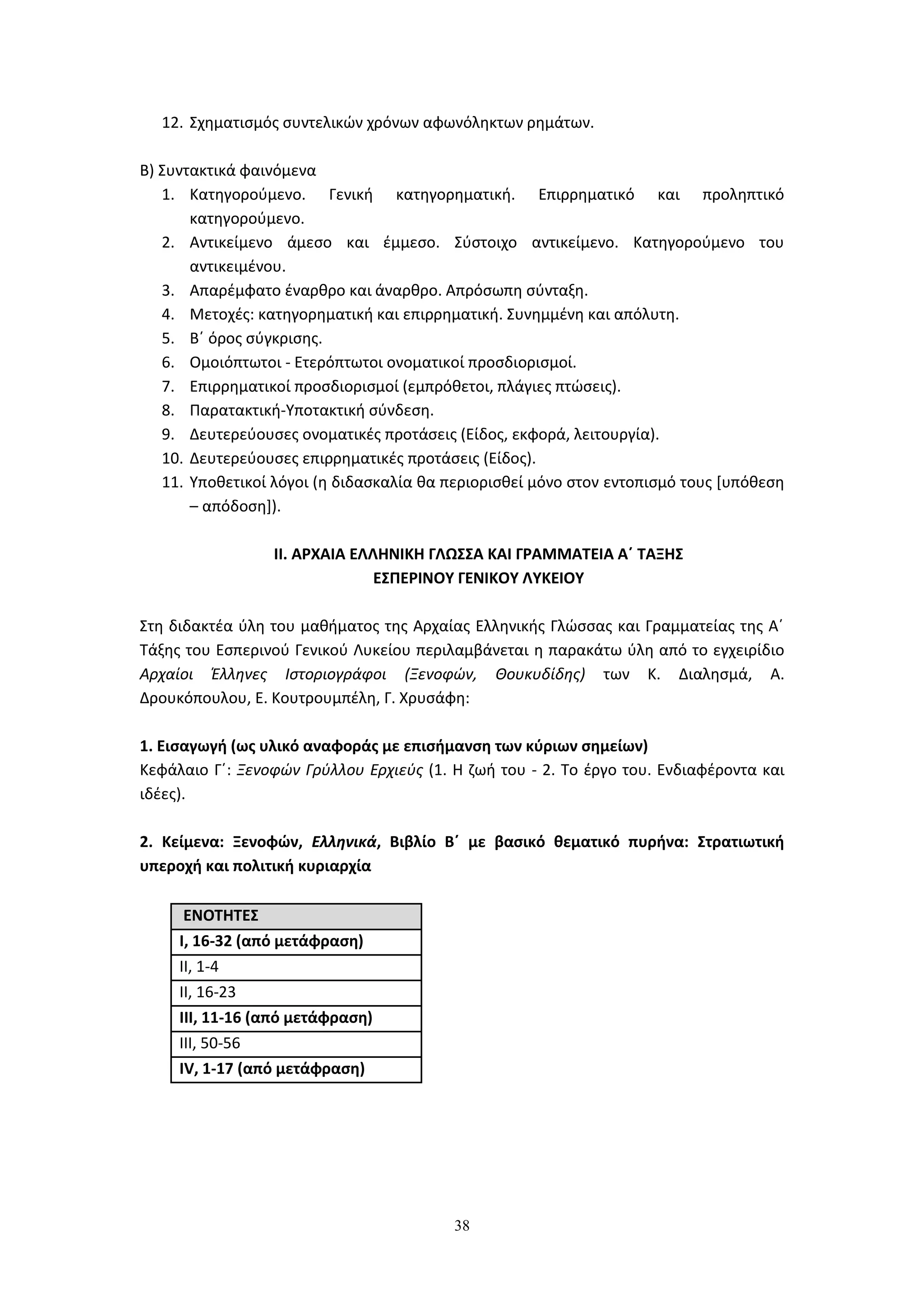 38
12. Σχηματισμός συντελικών χρόνων αφωνόληκτων ρημάτων.
Β) Συντακτικά φαινόμενα
1. Κατηγορούμενο. Γενική κατηγορηματική. Επιρρηματικό και προληπτικό
κατηγορούμενο.
2. Αντικείμενο άμεσο και έμμεσο. Σύστοιχο αντικείμενο. Κατηγορούμενο του
αντικειμένου.
3. Απαρέμφατο έναρθρο και άναρθρο. Απρόσωπη σύνταξη.
4. Μετοχές: κατηγορηματική και επιρρηματική. Συνημμένη και απόλυτη.
5. Β΄ όρος σύγκρισης.
6. Ομοιόπτωτοι - Ετερόπτωτοι ονοματικοί προσδιορισμοί.
7. Επιρρηματικοί προσδιορισμοί (εμπρόθετοι, πλάγιες πτώσεις).
8. Παρατακτική-Υποτακτική σύνδεση.
9. Δευτερεύουσες ονοματικές προτάσεις (Είδος, εκφορά, λειτουργία).
10. Δευτερεύουσες επιρρηματικές προτάσεις (Είδος).
11. Υποθετικοί λόγοι (η διδασκαλία θα περιορισθεί μόνο στον εντοπισμό τους [υπόθεση
– απόδοση]).
ΙΙ. ΑΡΧΑΙΑ ΕΛΛΗΝΙΚΗ ΓΛΩΣΣΑ ΚΑΙ ΓΡΑΜΜΑΤΕΙΑ Α΄ ΤΑΞΗΣ
ΕΣΠΕΡΙΝΟΥ ΓΕΝΙΚΟΥ ΛΥΚΕΙΟΥ
Στη διδακτέα ύλη του μαθήματος της Αρχαίας Ελληνικής Γλώσσας και Γραμματείας της Α΄
Τάξης του Εσπερινού Γενικού Λυκείου περιλαμβάνεται η παρακάτω ύλη από το εγχειρίδιο
Αρχαίοι Έλληνες Ιστοριογράφοι (Ξενοφών, Θουκυδίδης) των Κ. Διαλησμά, Α.
Δρουκόπουλου, Ε. Κουτρουμπέλη, Γ. Χρυσάφη:
1. Εισαγωγή (ως υλικό αναφοράς με επισήμανση των κύριων σημείων)
Κεφάλαιο Γ΄: Ξενοφών Γρύλλου Ερχιεύς (1. Η ζωή του - 2. Το έργο του. Ενδιαφέροντα και
ιδέες).
2. Κείμενα: Ξενοφών, Ελληνικά, Βιβλίο Β΄ με βασικό θεματικό πυρήνα: Στρατιωτική
υπεροχή και πολιτική κυριαρχία
ΕΝΟΤΗΤΕΣ
Ι, 16-32 (από μετάφραση)
ΙΙ, 1-4
ΙΙ, 16-23
ΙΙΙ, 11-16 (από μετάφραση)
ΙΙΙ, 50-56
ΙV, 1-17 (από μετάφραση)
 