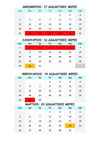 ΔΕΚΕΜΒΡΙΟΣ: 17 ΔΙΔΑΚΤΙΚΕΣ ΜΕΡΕΣ
Κυρ Δευ Τρι Τετ Πεμ Παρ Σαβ
1 2 3
4 5 6 7 8 9 10
11 12 13 14 15 16 17
18 19 20 21 22 23 24
25 26 27 28 29 30 31
ΙΑΝΟΥΑΡΙΟΣ: 16 ΔΙΔΑΚΤΙΚΕΣ ΜΕΡΕΣ
Κυρ Δευ Τρι Τετ Πεμ Παρ Σαβ
1 2 3 4 5 6 7
8 9 10 11 12 13 14
15 16 17 18 19 20 21
22 23 24 25 26 27 28
29 30 31
ΦΕΒΡΟΥΑΡΙΟΣ: 19 ΔΙΔΑΚΤΙΚΕΣ ΜΕΡΕΣ
Κυρ Δευ Τρι Τετ Πεμ Παρ Σαβ
1 2 3 4
5 6 7 8 11 12 13
12 13 14 15 16 17 18
19 20 21 22 23 24 25
26 27 28
ΜΑΡΤΙΟΣ: 23 ΔΙΔΑΚΤΙΚΕΣ ΜΕΡΕΣ
Κυρ Δευ Τρι Τετ Πεμ Παρ Σαβ
1 2 3 4
5 6 7 8 9 10 11
12 13 14 15 16 17 18
19 20 21 22 23 24 25
26 27 28 29 30 31
 