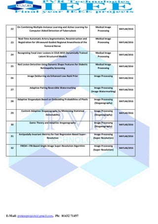 E-Mail: pvrieeeprojects@gmail.com, Ph: 81432 71457
22
On Combining Multiple-Instance Learning and Active Learning for Medical Image
MATLAB/2016
Computer-Aided Detection of Tuberculosis Processing
Real-Time Automatic Artery Segmentation, Reconstruction and Medical Image
23 Registration for Ultrasound-Guided Regional Anaesthesia of the Processing MATLAB/2016
Femoral Nerve
24
Recognizing Focal Liver Lesions in CEUS With Dynamically Trained Medical Image
MATLAB/2016
Latent Structured Models Processing
25
Red Lesion Detection Using Dynamic Shape Features for Diabetic Medical Image
MATLAB/2016
Retinopathy Screening Processing
26
Image Deblurring via Enhanced Low-Rank Prior Image Processing
MATLAB/2016
27
Adaptive Pairing Reversible Watermarking Image Processing
MATLAB/2016
(Image Watermarking)
28
Adaptive Steganalysis Based on Embedding Probabilities of Pixels Image Processing
MATLAB/2016
(Steganography)
29
Content-Adaptive Steganography by Minimizing Statistical Image Processing
MATLAB/2016
Detectability (Steganography)
30
Game Theory and Adaptive Steganography Image Processing
MATLAB/2016
(Steganography)
31
Antipodally Invariant Metrics for Fast Regression-Based Super- Image Processing
MATLAB/2016
Resolution (Super Resolution)
32
FRESH—FRI-Based Single-Image Super-Resolution Algorithm Image Processing
MATLAB/2016
(Super Resolution)
 