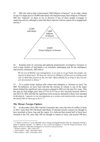 13
25. MI5 also told us that it had around 3,000 Subjects of Interest17
on its radar, sitting
on top of a larger pool of 20,000 individuals who had previously been Subjects of Interest.
MI5 has ‘tripwires’ in place to try to discover if any of these people re-engage in
suspicious activity, although it notes that these tripwires will not expose all re-engagement
activity.18
26. Keeping track of, assessing and applying proportionate investigative resources to
such a large number of individuals is an extremely challenging task for the intelligence
and security community. MI5 told us:
We do sort of lifetime case management, so as soon as we get leads into people, our
interest in them starts. We keep our interest in [Subjects of Interest] according to the
risk we think they present at any one time. Open-endedly for as long as they are any
sort of extremist or threat.19
27. To a certain extent, dealing with volume and ambiguity is ‘business as usual’ for
MI5. Nevertheless, we have been told that the increase in volume is one of the major
factors behind the significant extra resources granted to MI5 over the past five years. This
has seen its total budget grow from £***m to £***m (a 16% increase) between 2010/11
and 2015/16. MI5 said that the significant extra resources allocated to them were intended
to develop its “capacity to run investigations at a certain scale and provide coverage and
the means that we have got to do it”.20
The Threat: Foreign Fighters
28. In December 2016, MI5 told the Committee that, since the start of conflict in Syria
in 2011, more than 850 UK-based individuals of national security concern are thought to
have travelled to Syria, Iraq and the region. It is believed that around half of those have
returned to the UK, more than 300 are thought to remain in Syria, and around 100 have
17
A Subject of Interest “is an individual who is being investigated because they are suspected of being a
threat to national security”. In addition to the overall investigation or network being prioritised, every
Subject of Interest within that investigation or network is also prioritised.
18
Written evidence – MI5, 4 July 2017.
19
Oral evidence – MI5, 1 December 2016.
20
Oral evidence – MI5, 1 December 2016.
23,000
individuals 3,000
Subjects
of Interest
20,000
Former Subjects of Interest
 