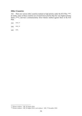 56
Other Countries
162. There are various other countries marked as high priority under the ICE Plan: ***.
In reality, many of these countries are of much lower priority than the very highest priority
States (***), and have commensurately fewer themes marked against them in the ICE
Plan.
163. ***.187
164. ***.188
165. ***.
187
Written evidence – SIS, 30 August 2016.
188
Written evidence – SIS, 30 August 2016; oral evidence – SIS, 17 November 2016.
 