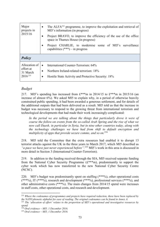 73
Major
projects in
2015/16
 The ALFA232
programme, to improve the exploitation and retrieval of
MI5’s information (in progress)
 Project BRAVO, to improve the efficiency of the use of the office
space in Thames House (in progress)
 Project CHARLIE, to modernise some of MI5’s surveillance
capabilities (***) – in progress
Policy
Allocation of
effort at
31 March
2016233
 International Counter-Terrorism: 64%
 Northern Ireland-related terrorism: 18%
 Hostile State Activity and Protective Security: 18%
Budget
217. MI5’s spending has increased from £***m in 2014/15 to £***m in 2015/16 (an
increase of almost 6%). We asked MI5 to explain why, in a period of otherwise heavily
constrained public spending, it had been awarded a generous settlement, and for details of
the additional outputs that had been delivered as a result. MI5 told us that the increase in
budget was necessary to respond to the growing threat from international terrorism and
technological developments that had made their work increasingly complicated:
In the period we are talking about the things that particularly drove it were of
course the follow-on events from the so-called Arab Spring and the rise of what we
now call Daesh, in particular in Syria, but in nine other countries today, along with
the technology challenges we have had from shift to default encryption and
multiplicity of apps that provide secure comms, and so on.234
218. MI5 told the Committee that the extra resources had enabled it to disrupt 13
terrorist attacks against the UK in the three years to March 2017, which MI5 described as
“a pace we have just never experienced before”.235
MI5’s work in this area is discussed in
more detail in Section 3 (International Counter-Terrorism).
219. In addition to the funding received through the SIA, MI5 received separate funding
from the National Cyber Security Programme (£***m), predominantly to support the
cyber work which has now transferred to the new National Cyber Security Centre
(NCSC).
220. MI5’s budget was predominantly spent on staffing (***%), other operational costs
(***%), IT (***%), research and development (***%), professional services (***%), and
other administrative costs (***%). The main changes from 2014/15 spend were increases
in staff costs, other operational costs, and research and development.
232
Where the codenames of programmes and projects have required redaction, these have been replaced by
the NATO phonetic alphabet for ease of reading. The original codenames can be found in Annex A.
233
The ‘allocation of effort’ relates to the proportion of MI5’s operational and investigative resources by
spend.
234
Oral evidence – MI5, 1 December 2016.
235
Oral evidence – MI5, 1 December 2016.
 