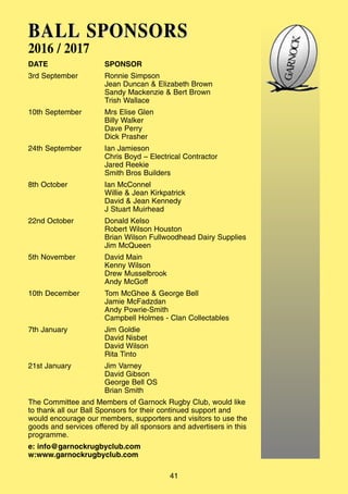 BALLBALL SPONSORSSPONSORS
2016 / 2017
DATE SPONSOR
3rd September Ronnie Simpson
Jean Duncan & Elizabeth Brown
Sandy Mackenzie & Bert Brown
Trish Wallace
10th September Mrs Elise Glen
Billy Walker
Dave Perry
Dick Prasher
24th September Ian Jamieson
Chris Boyd – Electrical Contractor
Jared Reekie
Smith Bros Builders
8th October Ian McConnel
Willie & Jean Kirkpatrick
David & Jean Kennedy
J Stuart Muirhead
22nd October Donald Kelso
Robert Wilson Houston
Brian Wilson Fullwoodhead Dairy Supplies
Jim McQueen
5th November David Main
Kenny Wilson
Drew Musselbrook
Andy McGoff
10th December Tom McGhee & George Bell
Jamie McFadzdan
Andy Powrie-Smith
Campbell Holmes - Clan Collectables
7th January Jim Goldie
David Nisbet
David Wilson
Rita Tinto
21st January Jim Varney
David Gibson
George Bell OS
Brian Smith
The Committee and Members of Garnock Rugby Club, would like
to thank all our Ball Sponsors for their continued support and
would encourage our members, supporters and visitors to use the
goods and services offered by all sponsors and advertisers in this
programme.
e: info@garnockrugbyclub.com
w:www.garnockrugbyclub.com
41
 