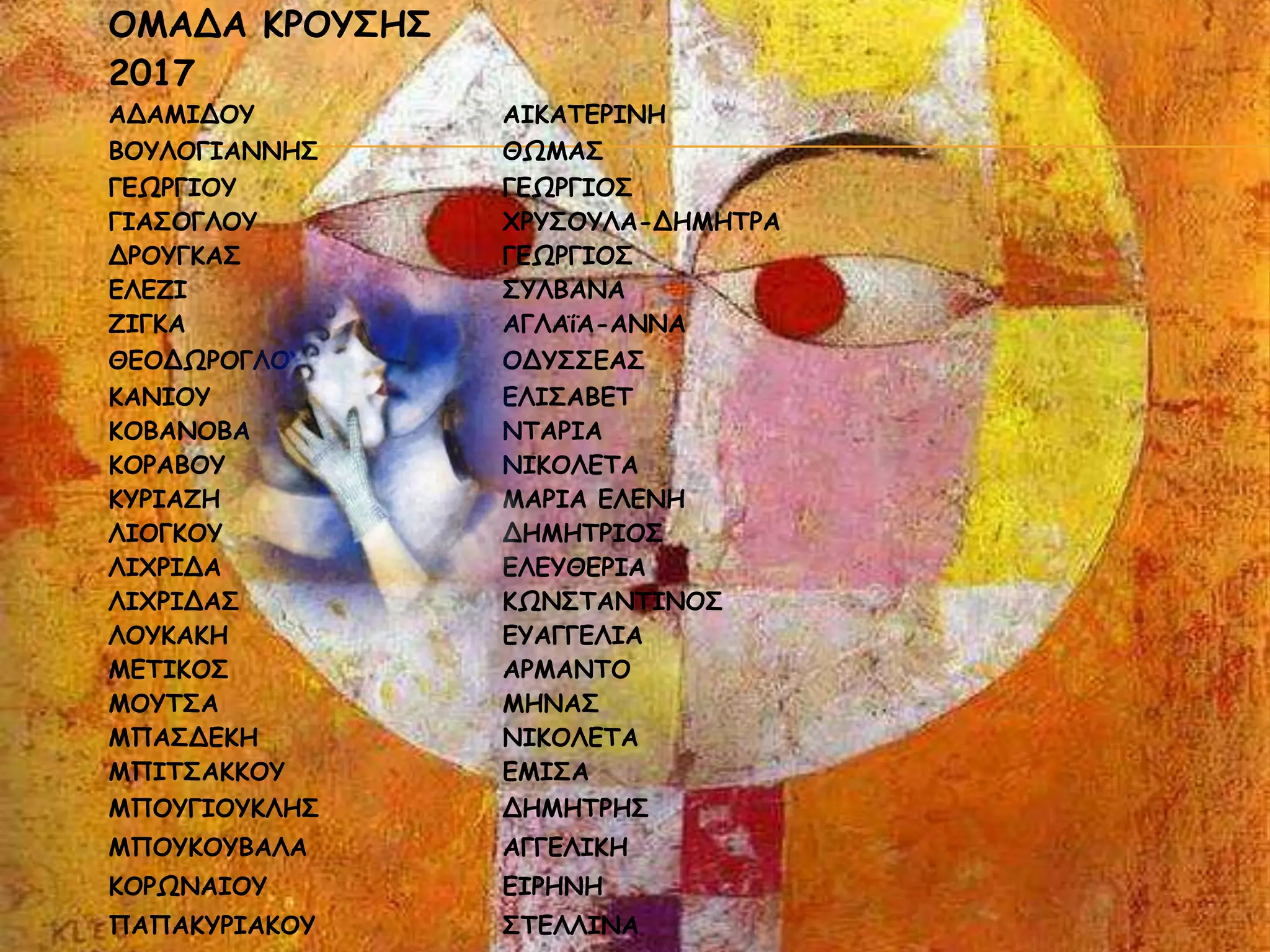 ΟΜΑΔΑ ΚΡΟΥΣΗΣ
2017
ΑΔΑΜΙΔΟΥ ΑΙΚΑΤΕΡΙΝΗ
ΒΟΥΛΟΓΙΑΝΝΗΣ ΘΩΜΑΣ
ΓΕΩΡΓΙΟΥ ΓΕΩΡΓΙΟΣ
ΓΙΑΣΟΓΛΟΥ ΧΡΥΣΟΥΛΑ-ΔΗΜΗΤΡΑ
ΔΡΟΥΓΚΑΣ ΓΕΩΡΓΙΟΣ
ΕΛΕΖΙ ΣΥΛΒΑΝΑ
ΖΙΓΚΑ ΑΓΛΑΐΑ-ΑΝΝΑ
ΘΕΟΔΩΡΟΓΛΟΥ ΟΔΥΣΣΕΑΣ
ΚΑΝΙΟΥ ΕΛΙΣΑΒΕΤ
ΚΟΒΑΝΟΒΑ ΝΤΑΡΙΑ
ΚΟΡΑΒΟΥ ΝΙΚΟΛΕΤΑ
ΚΥΡΙΑΖΗ ΜΑΡΙΑ ΕΛΕΝΗ
ΛΙΟΓΚΟΥ ΔΗΜΗΤΡΙΟΣ
ΛΙΧΡΙΔΑ ΕΛΕΥΘΕΡΙΑ
ΛΙΧΡΙΔΑΣ ΚΩΝΣΤΑΝΤΙΝΟΣ
ΛΟΥΚΑΚΗ ΕΥΑΓΓΕΛΙΑ
ΜΕΤΙΚΟΣ ΑΡΜΑΝΤΟ
ΜΟΥΤΣΑ ΜΗΝΑΣ
ΜΠΑΣΔΕΚΗ ΝΙΚΟΛΕΤΑ
ΜΠΙΤΣΑΚΚΟΥ ΕΜΙΣΑ
ΜΠΟΥΓΙΟΥΚΛΗΣ ΔΗΜΗΤΡΗΣ
ΜΠΟΥΚΟΥΒΑΛΑ ΑΓΓΕΛΙΚΗ
ΚΟΡΩΝΑΙΟΥ ΕΙΡΗΝΗ
ΠΑΠΑΚΥΡΙΑΚΟΥ ΣΤΕΛΛΙΝΑ
 