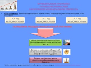 • Цель программы - обеспечение финансовой стабильности и эффективное управление муниципальными
финансами.
2016 год
85214,80 тыс.рублей
2017 год
85214,80 тыс.рублей
2018 год
85214,80 тыс.рублей
Текст муниципальной программы размещён в сети Интернет по электронному адресу: http://www.ipatovo.org/list.php?c=mun_program
На обеспечение функций финансового
управления администрации Ипатовского
МР СК
Дотации на выравнивание бюджетной
обеспеченности поселений из районного
фонда финансовой поддержки
Дотации на поддержку мер по
обеспечению сбалансированности
бюджетов
НАПРАВЛЕНИЕ РАСХОДОВ МУНИЦИПАЛЬНОЙ ПРОГРАММЫ
 