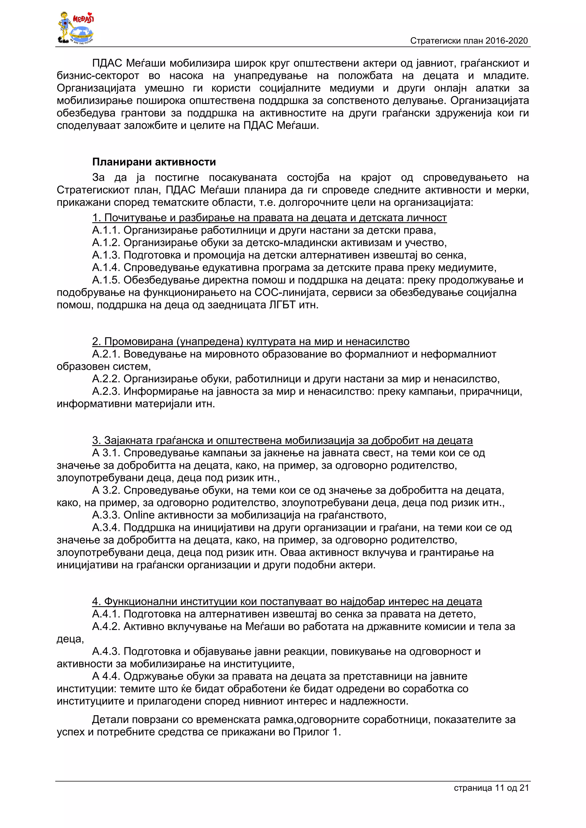 Стратегиски план 2016-2020
страница 11 oд 21
ПДАС Меѓаши мобилизира широк круг општествени актери од јавниот, граѓанскиот и
бизнис-секторот во насока на унапредување на положбата на децата и младите.
Организацијата умешно ги користи социјалните медиуми и други онлајн алатки за
мобилизирање поширока општествена поддршка за сопственото делување. Организацијата
обезбедува грантови за поддршка на активностите на други граѓански здруженија кои ги
споделуваат заложбите и целите на ПДАС Меѓаши.
Планирани активности
За да ја постигне посакуваната состојба на крајот од спроведувањето на
Стратегискиот план, ПДАС Меѓаши планира да ги спроведе следните активности и мерки,
прикажани според тематските области, т.е. долгорочните цели на организацијата:
1. Почитување и разбирање на правата на децата и детската личност
А.1.1. Организирање работилници и други настани за детски права,
А.1.2. Организирање обуки за детско-младински активизам и учество,
А.1.3. Подготовка и промоција на детски алтернативен извештај во сенка,
А.1.4. Спроведување едукативна програма за детските права преку медиумите,
А.1.5. Обезбедување директна помош и поддршка на децата: преку продолжување и
подобрување на функционирањето на СОС-линијата, сервиси за обезбедување социјална
помош, поддршка на деца од заедницата ЛГБТ итн.
2. Промовирана (унапредена) културата на мир и ненасилство
А.2.1. Воведување на мировното образование во формалниот и неформалниот
образовен систем,
А.2.2. Организирање обуки, работилници и други настани за мир и ненасилство,
А.2.3. Информирање на јавноста за мир и ненасилство: преку кампањи, прирачници,
информативни материјали итн.
3. Зајакната граѓанска и општествена мобилизација за добробит на децата
А 3.1. Спроведување кампањи за јакнење на јавната свест, на теми кои се од
значење за добробитта на децата, како, на пример, за одговорно родителство,
злоупотребувани деца, деца под ризик итн.,
А 3.2. Спроведување обуки, на теми кои се од значење за добробитта на децата,
како, на пример, за одговорно родителство, злоупотребувани деца, деца под ризик итн.,
А.3.3. Online активности за мобилизација на граѓанството,
А.3.4. Поддршка на иницијативи на други организации и граѓани, на теми кои се од
значење за добробитта на децата, како, на пример, за одговорно родителство,
злоупотребувани деца, деца под ризик итн. Оваа активност вклучува и грантирање на
иницијативи на граѓански организации и други подобни актери.
4. Функционални институции кои постапуваат во најдобар интерес на децата
А.4.1. Подготовка на алтернативен извештај во сенка за правата на детето,
А.4.2. Активно вклучување на Меѓаши во работата на државните комисии и тела за
деца,
А.4.3. Подготовка и објавување јавни реакции, повикување на одговорност и
активности за мобилизирање на институциите,
А 4.4. Одржување обуки за правата на децата за претставници на јавните
институции: темите што ќе бидат обработени ќе бидат одредени во соработка со
институциите и прилагодени според нивниот интерес и надлежности.
Детали поврзани со временската рамка,одговорните соработници, показателите за
успех и потребните средства се прикажани во Прилог 1.
 