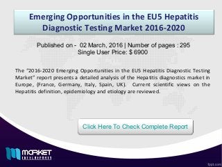 Emerging Opportunities in the EU5 Hepatitis
Diagnostic Testing Market 2016-2020
Published on - 02 March, 2016 | Number of pages : 295
Single User Price: $ 6900
Click Here To Check Complete Report
The “2016-2020 Emerging Opportunities in the EU5 Hepatitis Diagnostic Testing
Market” report presents a detailed analysis of the Hepatitis diagnostics market in
Europe, (France, Germany, Italy, Spain, UK). Current scientific views on the
Hepatitis definition, epidemiology and etiology are reviewed.
 