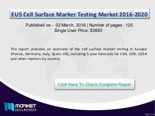 EU5 Cell Surface Marker Testing Market 2016-2020
Published on - 02 March, 2016 | Number of pages : 125
Single User Price: $3850
Click Here To Check Complete Report
The report provides an overview of the cell surface marker testing in Europe
(France, Germany, Italy, Spain, UK), including 5-year forecasts for CD4, CD8, CD34
and other markers by country.
 