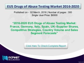 EU5 Drugs of Abuse Testing Market 2016-2020
Published on - 02 March, 2016 | Number of pages : 300
Single User Price: $6500
Click Here To Check Complete Report
“2016-2020 EU5 Drugs of Abuse Testing Market:
France, Germany, Italy, Spain, UK--Supplier Shares,
Competitive Strategies, Country Volume and Sales
Segment Forecasts”
 
