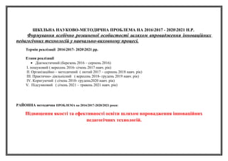 ШКІЛЬНА НАУКОВО-МЕТОДИЧНА ПРОБЛЕМА НА 20162017 - 20202021 Н.Р.
Формування всебічно розвиненої особистості шляхом впровадження інноваційних
педагогічних технологій у навчально-виховному процесі.
Термін реалізації 20162017- 20202021 рр.
Етапи реалізації
• Діагностичний (березень 2016 – серпень 2016)
І. пошуковий ( вересень 2016- січень 2017 навч. рік)
ІІ. Організаційно – методичний ( лютий 2017 – серпень 2018 навч. рік)
ІІІ. Практично- діяльнісний ( вересень 2018- грудень 2019 навч. рік)
ІV. Коригуючий ( січень 2010- грудень2020 навч. рік)
V. Підсумковий ( січень 2021 – травень 2021 навч. рік)
РАЙОННА методична ПРОБЛЕМА на 2016/2017-2020/2021 роки:
Підвищення якості та ефективності освіти шляхом впровадження інноваційних
педагогічних технологій.
 