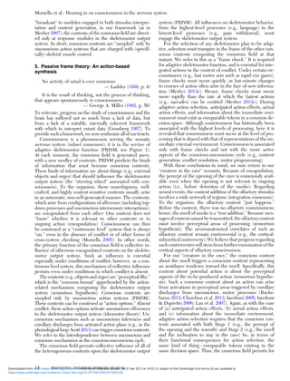 “broadcast” to modules engaged in both stimulus interpre-
tation and content generation, in our framework (as in
Merker 2007), the contents of the conscious ﬁeld are direct-
ed only at response modules in the skeletomotor output
system. In short, conscious contents are “sampled” only by
unconscious action systems that are charged with (speciﬁ-
cally) skeletal muscle control.
5. Passive frame theory: An action-based
synthesis
No activity of mind is ever conscious.
— Lashley (1956, p. 4)
It is the result of thinking, not the process of thinking,
that appears spontaneously in consciousness.
— George A. Miller (1962, p. 56)
To reiterate, progress on the study of consciousness and the
brain has suffered not so much from a lack of data, but
from a lack of a suitable, internally coherent framework
with which to interpret extant data (Grossberg 1987). To
providesuchaframework,wenowsynthesizeallofourtenets.
Consciousness is a phenomenon serving the somatic
nervous system (subset consensus); it is in the service of
adaptive skeletomotor function (PRISM; see Figure 1).
At each moment, the conscious ﬁeld is generated anew,
with a new medley of contents. PRISM predicts the kinds
of information that must become conscious contents.
These kinds of information are about things (e.g., external
objects and urges) that should inﬂuence the skeletomotor
output system (the “steering wheel” associated with con-
sciousness). To the organism, these unambiguous, well-
crafted, and highly context-sensitive contents usually arise
in an automatic, non-self-generated manner. The contents,
which arise from conﬁgurations of afference (including top-
down processes and unconscious intersensory interactions),
are encapsulated from each other: One content does not
“know” whether it is relevant to other contents or to
ongoing action (encapsulation). Consciousness can thus
be construed as a “continuous feed” system that is always
“on,” even in the absence of conﬂict or of other forms of
cross-system checking (Morsella 2005). In other words,
the primary function of the conscious ﬁeld is collective in-
ﬂuence of otherwise encapsulated contents on the skeleto-
motor output system. Such an inﬂuence is essential
especially under conditions of conﬂict; however, as a con-
tinuous feed system, this mechanism of collective inﬂuence
persists even under conditions in which conﬂict is absent.
The contents (e.g., objects and urges) are “perceptual-like,”
which is the “common format” apprehended by the action-
related mechanisms composing the skeletomotor output
system (sensorium hypothesis). Conscious contents are
sampled only by unconscious action systems (PRISM).
These contents can be construed as “action options.” Absent
conﬂict, these action options activate unconscious efferences
to the skeletomotor output system (ideomotor theory). Un-
conscious mechanisms such as unconscious inferences and
corollary discharges from activated action plans (e.g., in the
phonological loop; Scott 2013) can trigger conscious contents.
We refer to the interdependence between unconscious and
conscious mechanisms as the conscious-unconscious cycle.
The conscious ﬁeld permits collective inﬂuence of all of
the heterogeneous contents upon the skeletomotor output
system (PRISM). All inﬂuences on skeletomotor behavior,
from the highest-level processes (e.g., language) to the
lowest-level processes (e.g., pain withdrawal), must
engage the skeletomotor output system.
For the selection of any skeletomotor plan to be adap-
tive, selection must transpire in the frame of the other con-
scious contents composing the conscious ﬁeld at that
instant. We refer to this as a “frame check.” It is required
for adaptive skeletomotor function, and is essential for inte-
grated actions in the context of conﬂict. Under certain cir-
cumstances (e.g., fast motor acts such as rapid eye gazes),
frame checks must occur quickly, as last-minute changes
to courses of action often arise in the face of new informa-
tion (Merker 2013c). Hence, frame checks must occur
more rapidly than the rate at which the fastest actions
(e.g., saccades) can be emitted (Merker 2013c). During
adaptive action selection, anticipated action effects, actual
action effects, and information about the immediate envi-
ronment must exist as comparable tokens in a common de-
cision-space. Although consciousness has historically been
associated with the highest levels of processing, here it is
revealed that consciousness must occur at the level of pro-
cessing that is shared with that of representations of the im-
mediate external environment. Consciousness is associated
only with frame checks and not with the more active
aspects of the conscious-unconscious cycle (e.g., content
generation, conﬂict resolution, motor programming).
With these conclusions in mind, we now return to our
“creature in the cave” scenario. Because of encapsulation,
the percept of the opening of the cave is consciously avail-
able even when the opening is not relevant to ongoing
action (i.e., before detection of the smoke). Regarding
neural events, the content addition of the olfactory stimulus
involves a wide network of regions (integration consensus).
To the organism, the olfactory content “just happens.”
Before the content, there was no olfactory consciousness;
hence, the smell of smoke is a “true addition.” Because mes-
sages of content cannot be transmitted, the olfactory content
must involve perceptual areas of processing (sensorium
hypothesis). The neuroanatomical correlates of such an
olfactory content remain controversial (e.g., the cortical-
subcortical controversy). We believe that progress regarding
such controversies will stem from further examination of the
cortical aspects of olfactory consciousness.
For our “creature in the cave,” the conscious content
about the smell triggers a conscious content representing
an avoidance tendency toward the smell. Speciﬁcally, this
content about potential action is about the perceptual
aspects of the to-be-produced action (sensorium hypothe-
sis). Such a conscious content about an action can arise
from activations in perceptual areas triggered by corollary
discharges from unconscious, motor processes (Buchs-
baum 2013; Chambon et al. 2013; Iacoboni 2005; Iacoboni
& Dapretto 2006; Lau et al. 2007). Again, as with the case
of (a) anticipated action effects, (b) actual action effects,
and (c) information about the immediate environment,
adaptive action selection requires that the conscious con-
tents associated with both Stage 1 (e.g., the percept of
the opening and the warmth) and Stage 2 (e.g., the smell
and the inclination to stay in the cave) be, in terms of
their functional consequences for action selection, the
same kind of thing – comparable tokens existing in the
same decision space. Thus, the conscious ﬁeld permits for
Morsella et al.: Homing in on consciousness in the nervous system
14 BEHAVIORAL AND BRAIN SCIENCES, 39 (2016)
https:/www.cambridge.org/core/terms. https://doi.org/10.1017/S0140525X15002228
Downloaded from https:/www.cambridge.org/core. University of Colorado Boulder, on 01 Apr 2017 at 14:55:13, subject to the Cambridge Core terms of use, available at
 