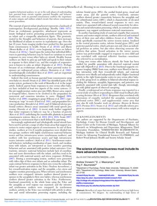 cognitive-behavioral analyses, we are in the early phases of understanding
how parental brain circuits regulate parental thoughts and behavior.
Furthermore, work on parental consciousness conﬁrms the importance
of motor outputs and outlines related circuits that inform consciousness
across generations.
The concept of parent-infant attachment represents a landmark of
contemporary developmental psychology (Bowlby 1969; 1973).
From an evolutionary perspective, attachment represents an
innate biological system promoting proximity-seeking between
an infant and a conspeciﬁc attachment ﬁgure. This proximity,
rooted in the thoughts and behaviors of parents, then increases
the likelihood of infants to survive to reproductive age. Over the
last 15 years, brain imaging studies have probed for this parental
brain consciousness in health (Swain et al. 2014b) and illness
(Moses-Kolko et al. 2014) – even beginning to focus on fathers
(Swain et al. 2014a) – based upon the notion that individual differ-
ences in parenting behaviors may be based on variations in neural
responses to own versus other baby-cry stimuli. Healthy human
mothers are likely to pick up and hold and speak to their infants
in response to their infant’s cry, and this complex of responsive-
ness is known to calm an infant (Esposito et al. 2013). Perhaps
because of an evolutionary advantage, these parental motor re-
sponses are widespread across cultures (Bornstein et al. 1992),
neurobiologically embedded (Kim et al. 2016), and are important
to understanding consciousness.
Indeed, this work on human parental brain consciousness using
own-baby-cry stimuli (Swain et al. 2004) has identiﬁed parts of the
motor system, pertinent to the work of Morsella et al. in the target
article. Indeed, parent brain responses to own versus other baby-
cry have included at least two aspects of the motor systems: (1)
the pre-supplementary motor area (pre-SMA, Broca’s area, superi-
or temporal lobes), known to be involved in the preparation for
movement and conscious intention to move (Haggard 2008;
Nachev et al. 2008), imagining to grasp (Filimon et al. 2007), expe-
riencing an “urge” to move (Fried et al. 1991), and preparation for a
voice production (Brendel et al. 2010); and (2) bilateral inferior pre-
frontal cortices (Broca’s areas) associated with social speech pro-
cessing (Horwitz et al. 2003). A recent study further suggested
that motor responses to baby-cry may be a function of poverty
(Kim et al. 2015) underlining the considerable plasticity in parental
consciousness systems (Kim et al. 2010; 2014; 2016; Swain 2007)
according to environment that is itself deﬁned by parenting.
Increasingly sophisticated and ethologically sound stimuli have
been used to activate a range of other brain areas that support sen-
sorium to motor output aspects of consciousness. In one of these
studies, mothers at 4 to 6 months postpartum were divided into
two groups: mothers with highly synchronous maternal behavior
scores and low intrusiveness scores (synchronous mothers), and
mothers with low synchronous scores and high intrusiveness
scores (intrusive mothers) (Atzil et al. 2011). Synchronous mater-
nal behaviors, including coordination of gaze, touch, and vocaliza-
tions with infants, are interpreted as more sensitive parenting
behaviors and are associated with positive infant outcomes. Con-
trariwise, intrusive maternal behaviors include lack of coordina-
tion and more directedness with the infant, and they tend to be
associated with maternal anxiety and stress responses (Feldman
2007). During a neuroimaging session, mothers were presented
with video clips of their own infants and an unfamiliar infant. The
main contrast between responses to their own versus the unfamiliar
infant was greater activation in the NAcc (Nucleus Accumbens), a
key reward/motivation region, and the amygdala, a key stress and
negative emotion processing area. When intrusive and synchronous
mothers were compared, intrusive mothers showed greater re-
sponses in the amygdala to their own babies, whereas synchronous
mothers showed greater activation in the NAcc. Furthermore,
functional connectivity in the whole brain using the NAcc and
the amygdala as seed regions was examined, and the intrusive
and synchronous mothers were compared. In synchronous
mothers, activity in the NAcc was correlated with activity in atten-
tion and social information processing regions, including the
inferior frontal gyrus (IFG), the medial frontal gyrus, visual and
motor areas, and the parietal cortex. Conversely, intrusive
mothers showed greater connectivity between the amygdala and
the orbitofrontal cortex (OFC), which is characteristic of elevated
anxiety. Thus, reward-related neural responses to one’s own
infant were associated with enhanced neural connectivity for atten-
tion and social information processing, which, in contrast to anxious
responses, may support synchronous maternal consciousness.
In another fascinating study of maternal empathy that connects
sensory and motor output circuits, mothers observed and imitated
faces of their own and other children (Lenzi et al. 2009). This
study speciﬁcally examined the mirror neuron system, localized
in the ventral premotor cortex, inferior frontal gyrus (IFG), and
posterior parietal cortex, which activates not only when an individ-
ual performs an action, but also when observing someone else
perform that action. Neural activation in the mirror neuron
system was preferentially engaged in response to own child and
was correlated with maternal reﬂective function – sometimes
also referred to as mentalization.
Using own versus other baby-cry stimuli, the brain has been
studied for possible association with observed maternal mental
state talk (Hipwell et al. 2015). Prior to the functional magnetic res-
onance imaging (fMRI) brain scan, mothers were ﬁlmed in face-to-
face interaction with their 4-month-old infants, and maternal
behaviors were blindly and independently coded. Higher functional
activity in the right fronto-insular cortex to own versus other baby-
cry at the group level, in addition to bilateral subcortical regions in-
cluding the thalamus, amygdala, hippocampus, and putamen, was
positively associated with mental state talk – though, interestingly,
not with global aspects of observed caregiving.
Finally, a widespread set of brain responses was reported in a
recent study of mothers responding to child visual feedback after
a caring decision (Ho et al. 2014). Responses that correlated with
dimensions of empathy included the amygdala, ventrolateral
prefrontal cortex (PFC), and supplementary motor area that
may also ﬁt with broader work on altruism (Brown & Brown
2015; Preston 2013; Swain et al. 2012) and critically inform pro-
gress on consciousness connecting sensory with motor output as
aspects.
ACKNOWLEDGMENTS
The authors are supported by the Departments of Psychiatry,
Psychology, Center for Human Growth and Development, and
Injury Center at the University of Michigan, National Alliance for
Research on Schizophrenia and Depression, Klingenstein Third
Generation Foundation, NIMHD/NICHD RC2MD004767-01,
Michigan Institute for Clinical Health Research and National
Center for Advancing Translational Sciences UL1TR000433, and
Robert Wood Johnson Health and Society Scholar Award.
The science of consciousness must include its
more advanced forms
doi:10.1017/S0140525X15002289, e198
Andrew Vonasch,a
E. J. Masicampo,b
and
Roy F. Baumeistera
a
Department of Psychology, Florida State University, Tallahassee, FL 32305-
4301; b
Department of Psychology, Wake Forest University, Winston-Salem,
NC 27109.
vonasch@psy.fsu.edu masicaej@wfu.edu baumeister@psy.fsu.edu
https://psy.fsu.edu/∼baumeisterticelab/vonasch.html
http://college.wfu.edu/psychology/about-the-department/faculty-and-
staff/e-j-masicampo/
http://www.psy.fsu.edu/faculty/baumeister.dp.html
Abstract: Morsella et al. argue that science should not focus on high forms
of consciousness. We disagree. An understanding of high forms of
Commentary/Morsella et al.: Homing in on consciousness in the nervous system
BEHAVIORAL AND BRAIN SCIENCES, 39 (2016) 43
https:/www.cambridge.org/core/terms. https://doi.org/10.1017/S0140525X15002228
Downloaded from https:/www.cambridge.org/core. University of Colorado Boulder, on 01 Apr 2017 at 14:55:13, subject to the Cambridge Core terms of use, available at
 