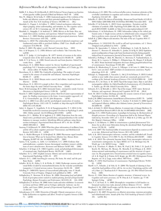 Riddle,T.A.,Rosen,H.J.&Morsella,E.(2015)Isthatme?Senseofagencyasafunction
of intra-psychic conﬂict. Journal of Mind and Behavior 36:27–46. [rEM]
Riss, W., Halpern, M. & Scalia, F. (1969) Anatomical aspects of the evolution of the
limbic and olfactory systems and their potential signiﬁcance for behaviour.
Annals of the New York Academy of Sciences 159:1096–111. [RL]
Rizzolatti, G., Fogassi, L. & Gallese, V. (2004) Cortical mechanisms subserving
object grasping, action understanding, and imitation. In: The cognitive neuro-
sciences III, ed. M. S. Gazzaniga, pp. 427–40. MIT Press. [aEM]
Rizzolatti, G., Sinigaglia, C. & Anderson, F. (2008) Mirrors in the brain: How our
minds share actions, emotions, and experience. Oxford University Press. [aEM]
Robertson, L. C. (2003) Binding, spatial attention and perceptual awareness. Nature
Reviews: Neuroscience 4:93–102. [aEM]
Robinson, L. (2010) The relationship between perceived physical competence and
fundamental motor skills in preschool children. Child: Care, Health and De-
velopment 37(4):589–96. [CH]
Rochat, P. (2001) The infant’s world. Harvard University Press. [HD]
Roe, A. & Simpson, G. G. (1958) Behavior and evolution. Yale University Press.
[arEM]
Rolls, E. T., Judge, S. J. & Sanghera, M. (1977) Activity of neurons in the infero-
temporal cortex of the alert monkey. Brain Research 130:229–38. [aEM]
Rolls, E. T. & Treves, A. (1998) Neural networks and brain function. Oxford Uni-
versity Press. [aEM]
Rosenbaum, D. A. (2002) Motor control. In: Stevens’ handbook of experimental
psychology: Vol. 1. Sensation and perception, 3rd edition, ed. S. Yantis, pp. 315–
39. [Series editor: H. Pashler]. Wiley. [arEM]
Rosenbaum, D. A. (2005) The Cinderella of psychology: The neglect of motor
control in the science of mental life and behavior. American Psychologist
60:308–17. [aEM]
Rosenbaum, D. A. (2010) Human motor control, 2nd edition. Academic Press/
Elsevier. [DAR]
Rosenbaum, D. A. (2014) It’s a jungle in there: How competition and cooperation in
the brain shape the mind. Oxford University Press. [DAR]
Roser, M. & Gazzaniga, M. S. (2004) Automatic brains—interpretive minds. Current
Directions in Psychological Science 13:56–59. [arEM]
Rossetti, Y. (2001) Implicit perception in action: Short-lived motor representation of
space. In: Finding consciousness in the brain: A neurocognitive approach, ed.
P. G. Grossenbacher, pp. 133–81. John Benjamins. [aEM]
Russell, J. A. (2003) Core affect and the psychological construction of emotion.
Psychological Review 110(1):145–72. Available at: http://doi.org/10.1037/0033-
295X.110.1.145 [HLM]
Safavi, S., Kapoor, V., Logothetis, N. K. & Panagiotaropoulos, T. I. (2014) Is the
frontal lobe involved in conscious perception? Frontiers in Psychology 5, article
1063. (Online journal). doi:10.3389/psyg.2014.01063. [aEM]
Saunders, R. C., Mishkin, M. & Aggleton, J. P. (2005) Projections from the ento-
rhinal cortex, perirhinal cortex, presubiculum, and parasubiculum to the medial
thalamus in macaque monkeys: Identifying different pathways using discon-
nection techniques. Experimental Brain Research 167:1–16. doi: 10.1007/
s00221-005-2361-3. [BM]
Sauseng, P. & Klimesch, W. (2008) What does phase information of oscillatory brain
activity tell us about cognitive processes? Neuroscience and Biobehavioral
Reviews 32(5):1001–13. [rEM]
Savic, I., Hedén-Blomqvist, E. & Berglund, H. (2009) Pheromone signal transduc-
tion in humans: What can be learned from olfactory loss. Human Brain
Mapping 30:3057–65. doi: 10.1002/hbm.20727. [BM]
Saxton, T. K., Lyndon, A., Little, A. C & Roberts, S. C. (2008) Evidence that
androstadienone, a putative human chemosignal, modulates women’s attribu-
tions of men’s attractiveness. Hormones and Behavior 54:597–601. [BM]
Schachter, S. & Singer, J. E. (1962) Cognitive, social, and physiological determinants
of emotional state. Psychological Review. 69:379–99. [AKS]
Schachter, D. L. (1987) Implicit memory: History and current status. Journal of
Experimental Psychology 13:501–18. [FP]
Schacter, D. L. (1996) Searching for memory: The brain, the mind, and the past.
Basic Books. [aEM]
Schaffer, M. K.-H., Eiden, L. E. & Weihe, E. (1998) Cholinergic neurons and ter-
minal ﬁelds revealed by immunohistochemistry for the vesicular acetylcholine
transporter: I. Central nervous system. Neuroscience 84:331–59. [HSP]
Schelling, F. (1800/1978) System of transcendental philosophy, trans. P. Heath.
University Press of Virginia. (Original work published in 1800). [FP]
Schlaghecken, F., Bowman, H. & Eimer, M. (2006) Dissociating local and global
levels of perceptuo-motor control in masked priming. Journal of Experimental
Psychology: Human Perception and Performance 32(3):618–32. [AA, rEM]
Schlaghecken, F. & Eimer, M. (2006) Active masks and active inhibition: A comment
on Lleras and Enns (2004) and on Verleger, Jaśkowski, Aydemir, van der
Lubbe, and Groen (2004). Journal of Experimental Psychology: General 135
(3):484–94. [AA]
Schmahmann, J. D. (1998) Dysmetria of thought: Clinical consequences of cere-
bellar dysfunction on cognition and affect. Trends in Cognitive Sciences 2:362–
71. [aEM]
Schmahmann, J. D. (2001) The cerebrocerebellar system: Anatomic substrates of the
cerebellar contribution to cognition and emotion. International Review of
Psychiatry 13(4):247–60. [JSJ]
Schoeller, F. (2015) The shivers of knowledge. Human and Social Studies 4(3):26-41.
ISSN (Online) 2285-5920, DOI: 10.1515/hssr-2015-0022, November 2015. [LP]
Schoeller, F. & Perlovsky, L. (2015) Great expectations – Narratives and the
elicitation of aesthetic chills. Psychology 6(16):2098–102; doi: 10.4236/
psych.2015.616205. Available at: http://www.scirp.org/journal/psych [LP]
Schoenbaum, G. & Eichenbaum, H. (1995) Information coding in the rodent pre-
frontal cortex: I. Single-neuron activity in orbitofrontal cortex compared with
that in pyriform cortex. Journal of Neurophysiology 74:733–50. [aEM]
Scholl, B. J. (2001) Objects and attention: The state of the art. Cognition 80:9–17.
[aEM]
Schopenhauer, A. (1818/1819) The world as will and representation, vol. 1. Dover.
(Original work published in 1818). [aEM]
Schroter, M., Spoormaker, V., Schorer, A., Wohlschlager, A., Czish, M., Kochs, E.,
Zimmer, C., Hemmer, B., Schneider, G., Jordan, D. & Ilg, R. (2012) Spatiotem-
poral reconﬁguration of large-scale brain functional networks during propofol-
induced loss of consciousness. Journal of Neuroscience 32:12832–40. [arEM]
Schrouff, J., Perlbarg, V., Boly, M., Marrelec, G., Boveroux, P., Vanhaudenhuyse, A.,
Bruno, M. A., Laureys, S., Phillips, C., Pélégrini-Isaac, M., Maquet, P. & Benali,
H. (2011) Brain functional integration decreases during propofol-induced loss
of consciousness. NeuroImage 57:198–205. [arEM]
Schubert, R., Blankenburg, F., Lemm, S., Villringer, A. & Curio, G. (2006) Now you
feel it – now you don’t: ERP correlates of somatosensory awareness. Psycho-
physiology 43:31–40. [aEM]
Schurger, A., Sarigiannidis, I., Naccache, L., Sitt, J. D. & Dehaene, S. (2015) Cortical
activity is more stable when sensory stimuli are consciously perceived. Pro-
ceedings of the National Academy of Sciences USA 112(16):E2083–92. [LM]
Schwartz, B. L. & Cleary, A. M. (2016) Tip-of-the-tongue states, déjà vu and other
metacognitive oddities. In: Oxford handbook of metamemory, ed. J. Dunlosky &
S. Tauber, pp. 95–108. Oxford University Press. [BLS]
Schwartz, B. L. & Metcalfe, J. (2011) Tip-of-the-tongue (TOT) states: Retrieval,
behavior, and experience. Memory and Cognition 39:737–49. [BLS]
Scott, M. (2013) Corollary discharge provides the sensory content of inner speech.
Psychological Science 24:1824–30. [aEM]
Searle,J.R.(2000)Consciousness.AnnualReviewofNeurosciences23:557–78. [arEM]
Sela, L., Sacher, Y., Serfaty, C., Yeshurun, Y., Soroker, N. & Sobel, N. (2009) Spared
and impaired olfactory abilities after thalamic lesions. Journal of Neuroscience
29:12059–69. [aEM]
Sela, L. & Sobel, N. (2010) Human olfaction: A constant state of change-blindness. Ex-
perimental Brain Research 205:13–29. doi: 10.1007/s00221-010-2348-6. [BM]
Selfridge, O. G. (1959) Pandemonium: A paradigm for learning. In: Mechanization of
thought processes: Proceedings of a Symposium held at the National Physics
Laboratory, November 1958, vol. 1, ed. D. V. Blake & A. J. Uttley. pp. 511–26.
Her Majesty’s Stationary Ofﬁce. [rEM]
Sergent, C. & Dahaene, S. (2004) Is consciousness a gradual phenomenon? Evi-
dence for an all-or-none bifurcation during the attentional blink. Psychological
Science 15:720–28. [arEM]
Seth, A. K. (2007) The functional utility of consciousness depends on content as well
as on state. Behavioral and Brain Sciences 30(1):106. [aEM]
Seth, A. K. (2013) Interoceptive inference, emotion, and the embodied self. Trends
in Cognitive Sciences 17(11):565–73. doi: 10.1016/j.tics.2013.09.007. [AKS]
Seth, A. K. (2015) The cybernetic bayesian brain: From interoceptive inference to
sensorimotor contingencies. In: Open MIND, ed. T. K. Metzinger & J. M.
Windt, pp. 1–24. MIND Group. [AKS]
Seth, A. K., Verschure, P., Blanke, O., Butz, M., Ford, J. M., Frith, C. D., Jacob, P.,
Kyselo, M., McGann, M., Menary, M., Morsella, E. & O’Regan, J. K. (2016)
Action-oriented understanding of consciousness and the structure of experi-
ence. In: The pragmatic turn: Toward action-oriented views in cognitive science,
ed. A. K. Engel, K. J. Friston, & D. Kragic, pp. 261–285. [Strüngmann Forum
Reports, vol. 18; J. Lupp, series editor]. MIT Press. [AKS]
Shallice, T. (1972) Dual functions of consciousness. Psychological Review 79:383–
93. [rEM]
Shariff, A. F., Schooler, J. & Vohs, K. D. (2008) The hazards of claiming to have
solved the hard problem of free will. In: Are we free? Psychology and free will,
ed. J. Baer, J. C. Kaufman & R. F. Baumeister, pp. 181–204. Oxford University
Press. [BH]
Sheerer, E. (1984) Motor theories of cognitive structure: A historical review. In:
Cognition and motor processes, ed. W. Prinz & A. F. Sanders, pp. 77–98.
Springer-Verlag. [aEM]
Shen, Y. C. & Franz, E. A. (2005) Hemispheric competition in left-handers on
bimanual reaction time tasks. Journal of Motor Behavior 37:3–9. [EAF]
Shepherd, G. M. (2006) Smell images and the ﬂavour system in the human brain.
Nature 444(7117):316–21. [rEM]
Shepherd, G. M. (2007) Perspectives on olfactory processing, conscious perception,
and orbitofrontal cortex. Annals of the New York Academy of Sciences 1121:87–
101. [arEM, RL]
References/Morsella et al.: Homing in on consciousness in the nervous system
68 BEHAVIORAL AND BRAIN SCIENCES, 39 (2016)
https:/www.cambridge.org/core/terms. https://doi.org/10.1017/S0140525X15002228
Downloaded from https:/www.cambridge.org/core. University of Colorado Boulder, on 01 Apr 2017 at 14:55:13, subject to the Cambridge Core terms of use, available at
 