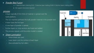  Powder Bed Fusion
 1. Selective laser sintering (SLS) 2.Selective laser melting (SLM) 3. Electron beam melting (EBM)
 No support structures required
process
• A layer, typically 0.1mm thick of material is spread over the
build platform.
• The SLS machine preheats the bulk powder material in the powder bed
• A laser fuses the first layer
• A new layer of powder is spread.
• Further layers or cross sections are fused and added.
• The process repeats until the entire model is created.
 Sheet Lamination
• Metal sheets are used
• Laser beam cuts the contour of each layer
• Glue activated by hot rollers
 