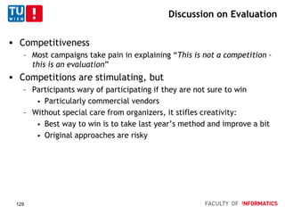 Discussion on Evaluation
 Competitiveness
– Most campaigns take pain in explaining “This is not a competition –
this is an evaluation”
 Competitions are stimulating, but
– Participants wary of participating if they are not sure to win
 Particularly commercial vendors
– Without special care from organizers, it stifles creativity:
 Best way to win is to take last year’s method and improve a bit
 Original approaches are risky
129
 