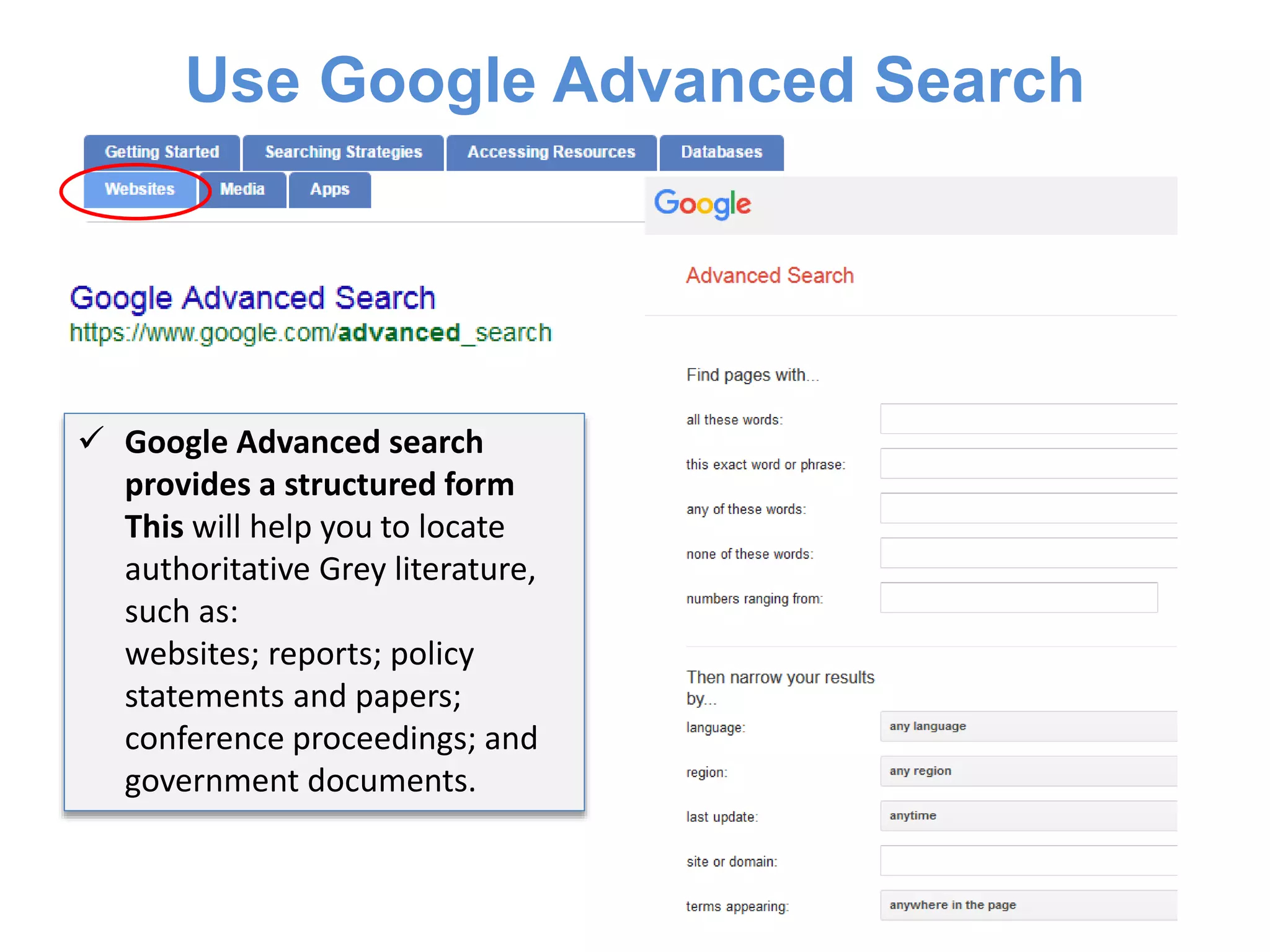 Use Google Advanced Search
 Google Advanced search
provides a structured form
This will help you to locate
authoritative Grey literature,
such as:
websites; reports; policy
statements and papers;
conference proceedings; and
government documents.
 