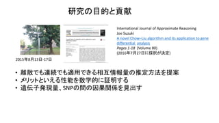 оĿĤؕ
2015813-17
International Journal of Approximate Reasoning
Joe Suzuki
A novel ChowCLiu algorithm and its application to gene
differential analysis
Pages 1-18 (Volume 80)
(2016727դ˒kQ)
? xɢǤBAǤmäǤ໥ƶ᰸
? åȤȤܤѧĤ^
? zӰkFSNPgvSҊ
 