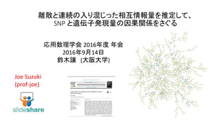 離散と連続の入り混じった相互情報量を推定して、
SNP と遺伝子発現量の因果関係をさぐる
Joe Suzuki
(prof-joe)
応用数理学会 2016年度 年会
2016年9月14日
鈴木譲 (大阪大学)
 