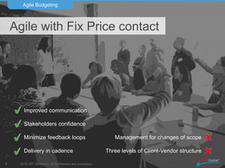 2016 UST Global Inc. © Confidential and proprietary.
Agile with Fix Price contact
Agile Budgeting
4
Improved communication
Stakeholders confidence
Minimize feedback loops
Delivery in cadence
Management for changes of scope
Three levels of Client-Vendor structure
 