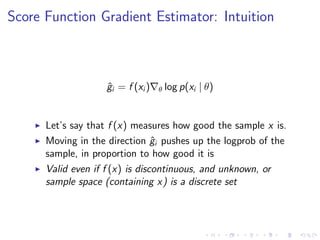 Score Function Gradient Estimator: Intuition
ˆgi = f (xi ) θ log p(xi | θ)
Let’s say that f (x) measures how good the sample x is.
Moving in the direction ˆgi pushes up the logprob of the
sample, in proportion to how good it is
Valid even if f (x) is discontinuous, and unknown, or
sample space (containing x) is a discrete set
 