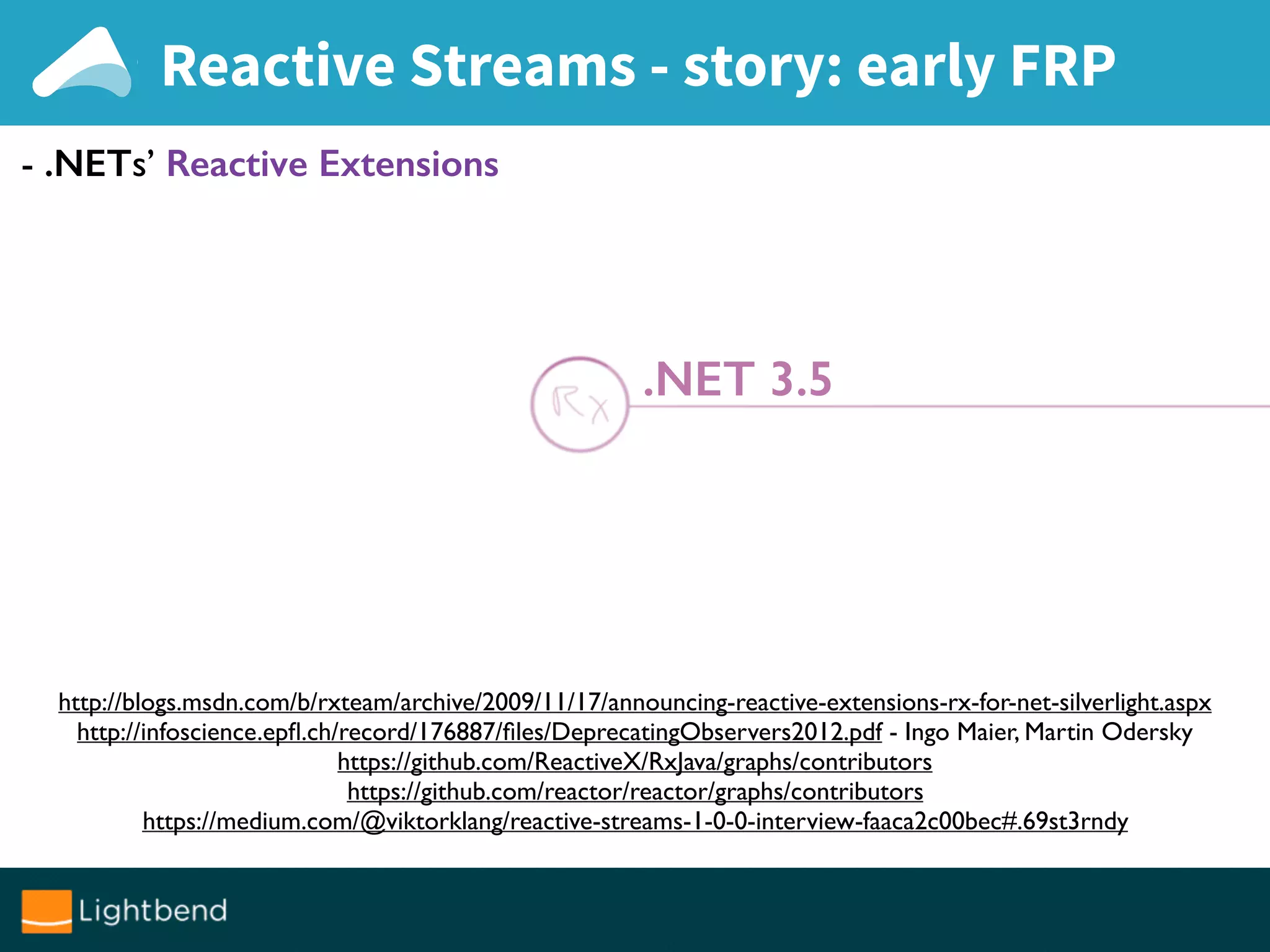 Reactive Streams - story: early FRP
http://blogs.msdn.com/b/rxteam/archive/2009/11/17/announcing-reactive-extensions-rx-for-net-silverlight.aspx
http://infoscience.epﬂ.ch/record/176887/ﬁles/DeprecatingObservers2012.pdf - Ingo Maier, Martin Odersky
https://github.com/ReactiveX/RxJava/graphs/contributors
https://github.com/reactor/reactor/graphs/contributors
https://medium.com/@viktorklang/reactive-streams-1-0-0-interview-faaca2c00bec#.69st3rndy
- .NETs’ Reactive Extensions
.NET 3.5
 