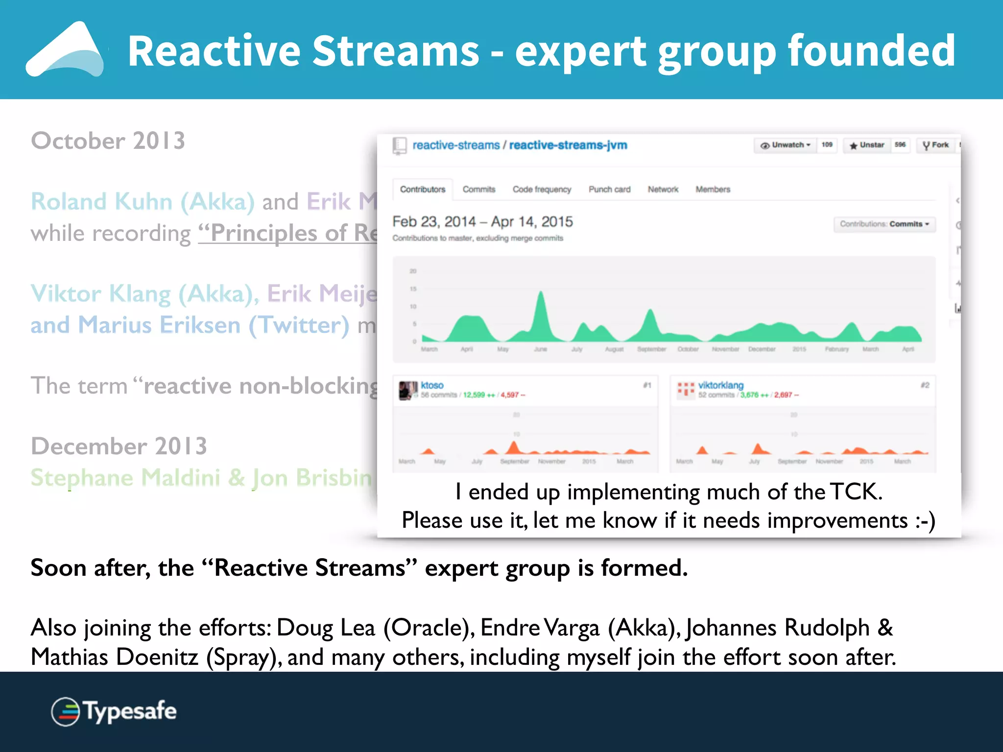 October 2013
Roland Kuhn (Akka) and Erik Meijer (Rx .NET) meet in Lausanne,
while recording “Principles of Reactive Programming” Coursera Course.
Viktor Klang (Akka), Erik Meijer, Ben Christensen (RxJava)
and Marius Eriksen (Twitter) meet at Twitter HQ.
The term “reactive non-blocking asynchronous back-pressure” gets coined.
December 2013
Stephane Maldini & Jon Brisbin (Pivotal Reactor) contacted by Viktor.
Soon after, the “Reactive Streams” expert group is formed.
Also joining the efforts: Doug Lea (Oracle), EndreVarga (Akka), Johannes Rudolph &  
Mathias Doenitz (Spray), and many others, including myself join the effort soon after.
Reactive Streams - expert group founded
I ended up implementing much of the TCK.
Please use it, let me know if it needs improvements :-)
 