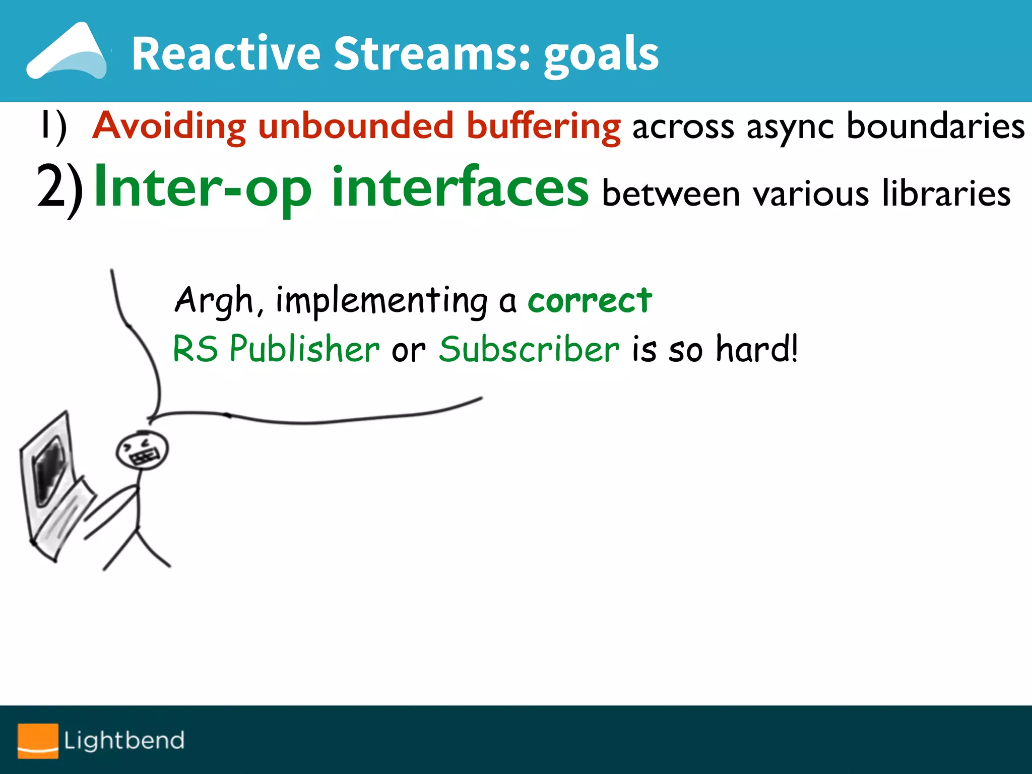 Reactive Streams: goals
1) Avoiding unbounded buffering across async boundaries
2)Inter-op interfaces between various libraries
Argh, implementing a correct
RS Publisher or Subscriber is so hard!
 