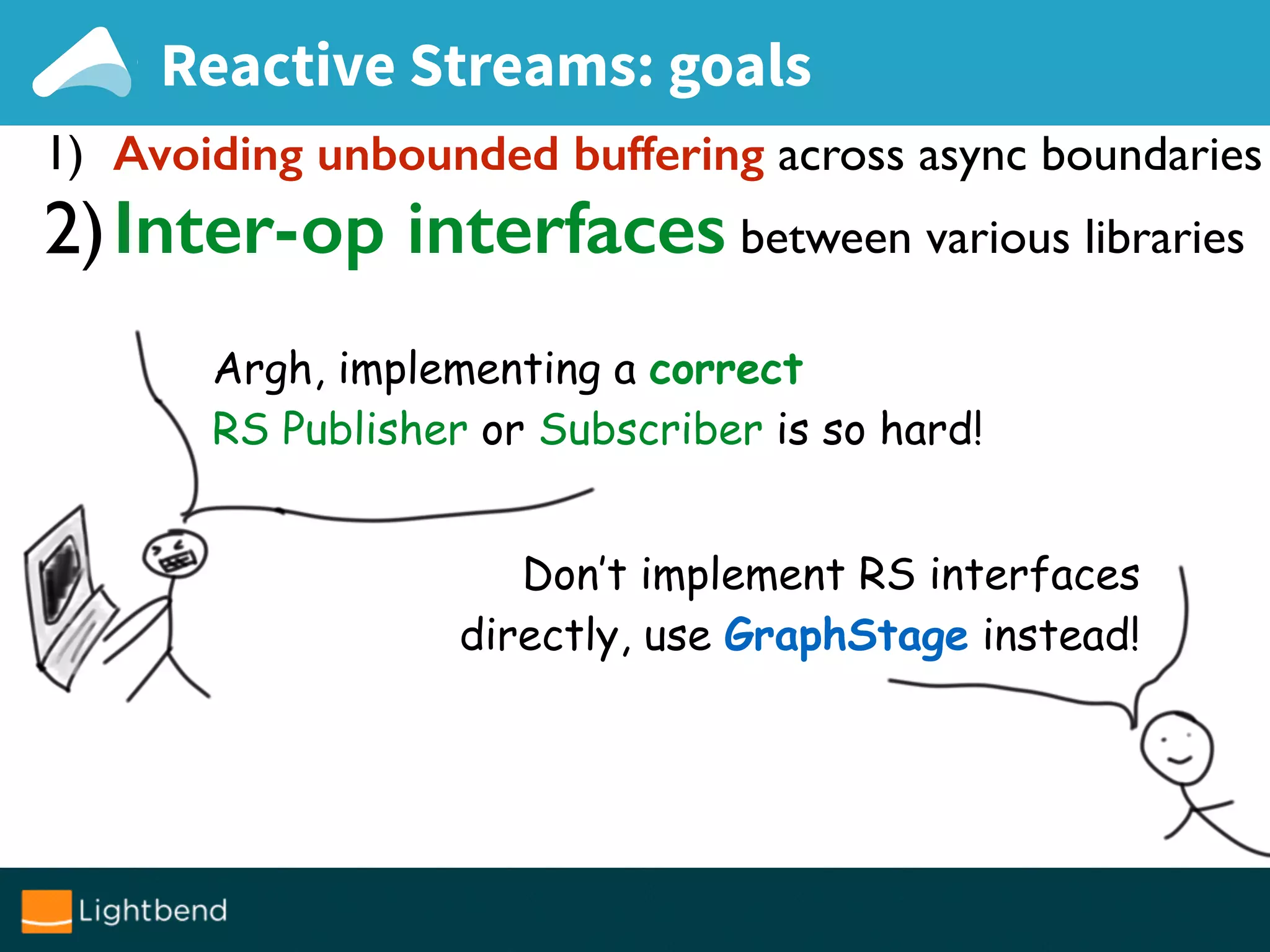 Reactive Streams: goals
1) Avoiding unbounded buffering across async boundaries
2)Inter-op interfaces between various libraries
Argh, implementing a correct
RS Publisher or Subscriber is so hard!
Don’t implement RS interfaces
directly, use GraphStage instead!
 