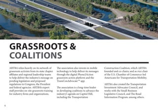 4
ARTBA relies heavily on its network of
grassroots activists from its state chapter
affiliates and regional leadership teams
to help deliver the industry’s message on
pending legislation and proposed
regulations to Congress, the President
and federal agencies. ARTBA’s expert
staff provides on-site grassroots training
for industry firms and organizations.
GRASSROOTS &
COALITIONS
The association also invests in mobile
technology to help deliver its messages
through the digital Phone2Action
grassroots action platform and the
TransConAdvocateTM
app.
The association is a long-time leader
in developing coalitions to advance the
industry’s agenda on Capitol Hill,
including the Transportation
Construction Coalition, which ARTBA
founded and co-chairs; and as vice chair
of the U.S. Chamber of Commerce-led
Americans for Transportation Mobility.
ARTBA also created the Transportation
Investment Advocates Council, and
works with the Small Business
Legislative Council, and The Road
Information Program, among others.
 