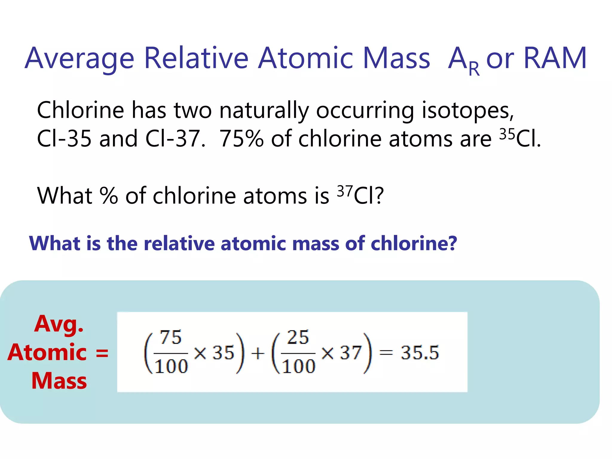 Average Relative Atomic Mass AR or RAM
What is the relative atomic mass of chlorine?
Chlorine has two naturally occurring isotopes,
Cl-35 and Cl-37. 75% of chlorine atoms are 35Cl.
What % of chlorine atoms is 37Cl?
Avg.
Atomic =
Mass
 