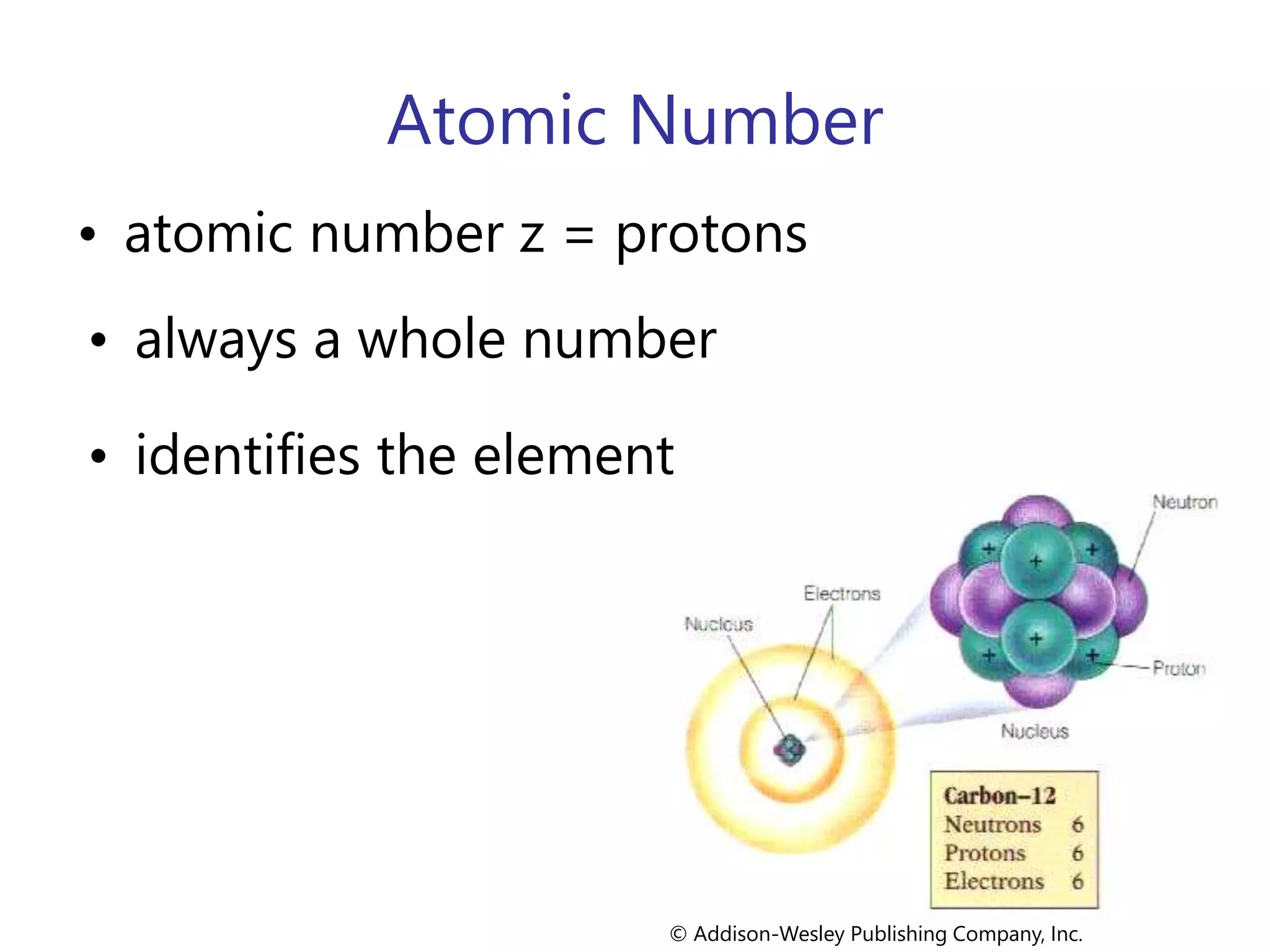 Atomic Number
• atomic number z = protons
• always a whole number
© Addison-Wesley Publishing Company, Inc.
• identifies the element
 