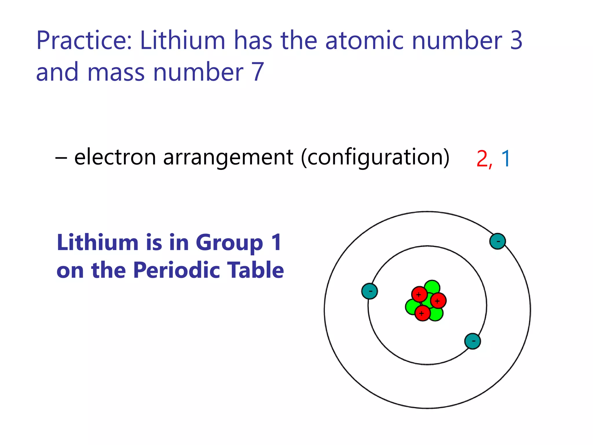Practice: Lithium has the atomic number 3
and mass number 7
– electron arrangement (configuration) 2, 1
Lithium is in Group 1
on the Periodic Table
 