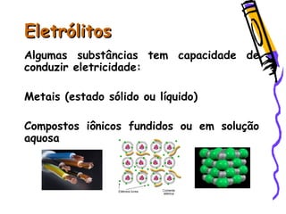 EletrólitosEletrólitos
Algumas substâncias tem capacidade de
conduzir eletricidade:
Metais (estado sólido ou líquido)
Compostos iônicos fundidos ou em solução
aquosa
 