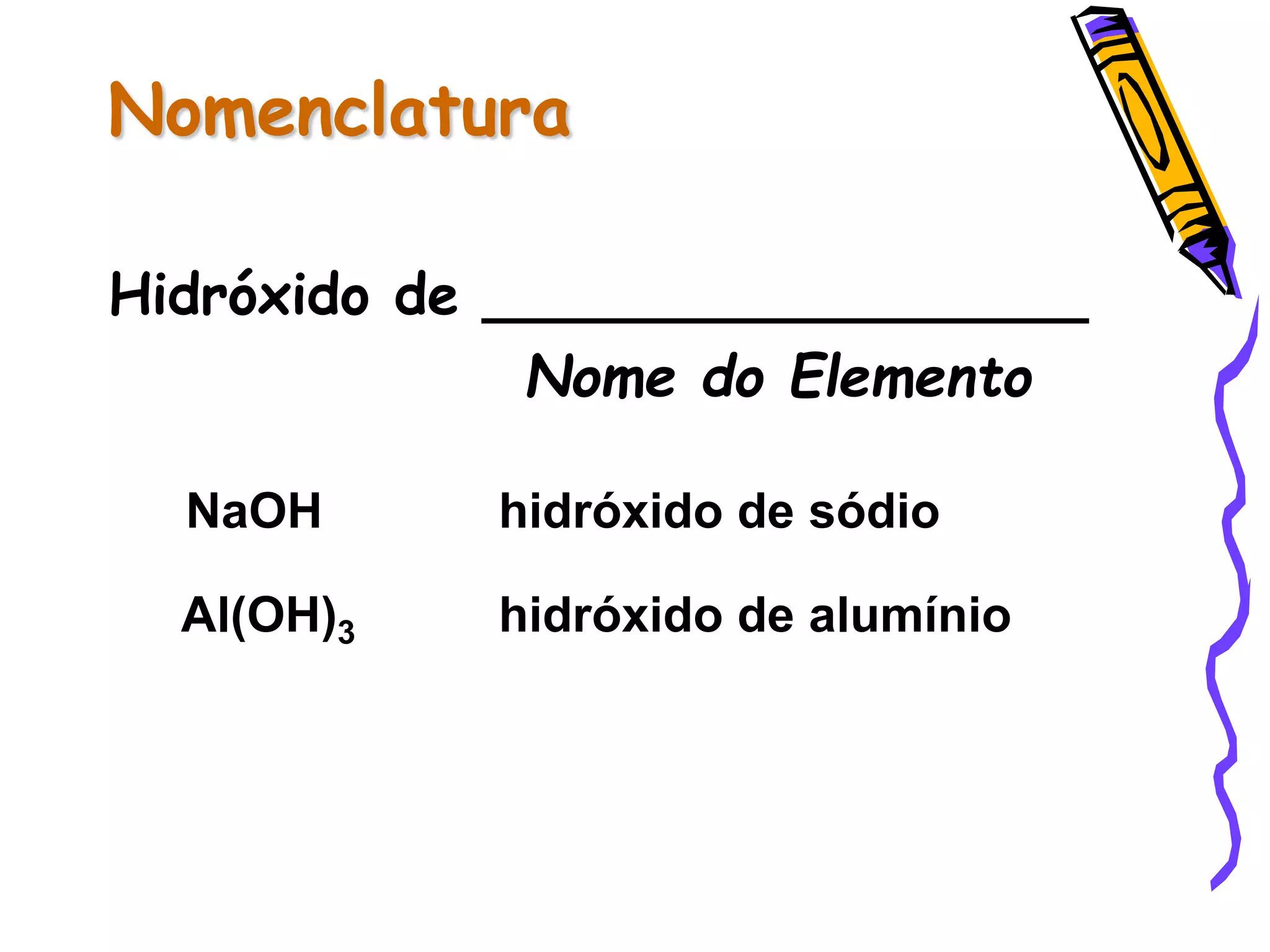 Nomenclatura
Hidróxido de _________________
Nome do Elemento
NaOH hidróxido de sódio
Al(OH)3 hidróxido de alumínio
 