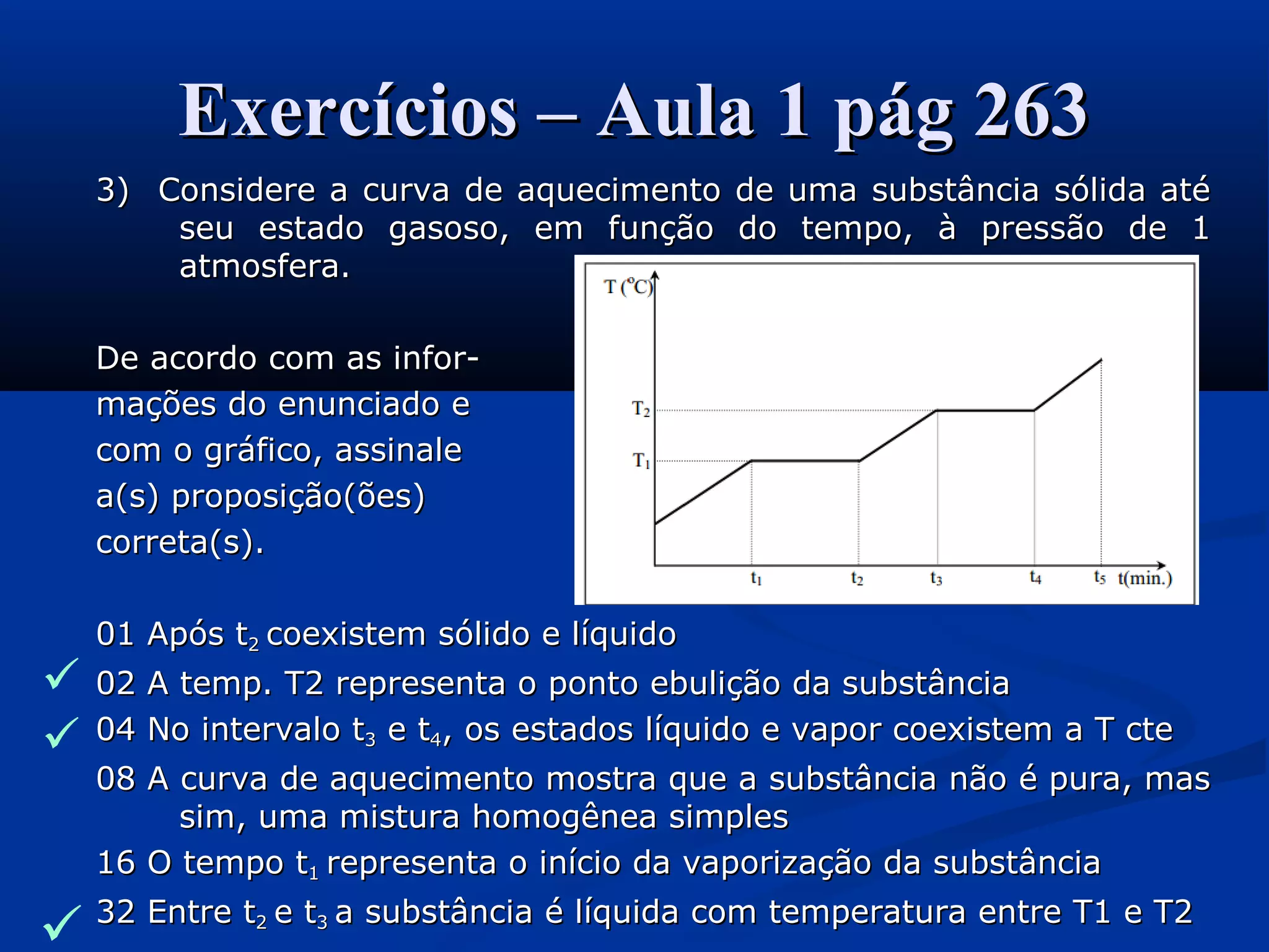 Exercícios – Aula 1 pág 263Exercícios – Aula 1 pág 263
3) Considere a curva de aquecimento de uma substância sólida até3) Considere a curva de aquecimento de uma substância sólida até
seu estado gasoso, em função do tempo, à pressão de 1seu estado gasoso, em função do tempo, à pressão de 1
atmosfera.atmosfera.
De acordo com as infor-De acordo com as infor-
mações do enunciado emações do enunciado e
com o gráfico, assinalecom o gráfico, assinale
a(s) proposição(ões)a(s) proposição(ões)
correta(s).correta(s).
01 Após t01 Após t22 coexistem sólido e líquidocoexistem sólido e líquido
02 A temp. T2 representa o ponto ebulição da substância02 A temp. T2 representa o ponto ebulição da substância
04 No intervalo t04 No intervalo t33 e te t44, os estados líquido e vapor coexistem a T cte, os estados líquido e vapor coexistem a T cte
08 A curva de aquecimento mostra que a substância não é pura, mas08 A curva de aquecimento mostra que a substância não é pura, mas
sim, uma mistura homogênea simplessim, uma mistura homogênea simples
16 O tempo t16 O tempo t11 representa o início da vaporização da substânciarepresenta o início da vaporização da substância
32 Entre t32 Entre t22 e te t33 a substância é líquida com temperatura entre T1 e T2a substância é líquida com temperatura entre T1 e T2



 