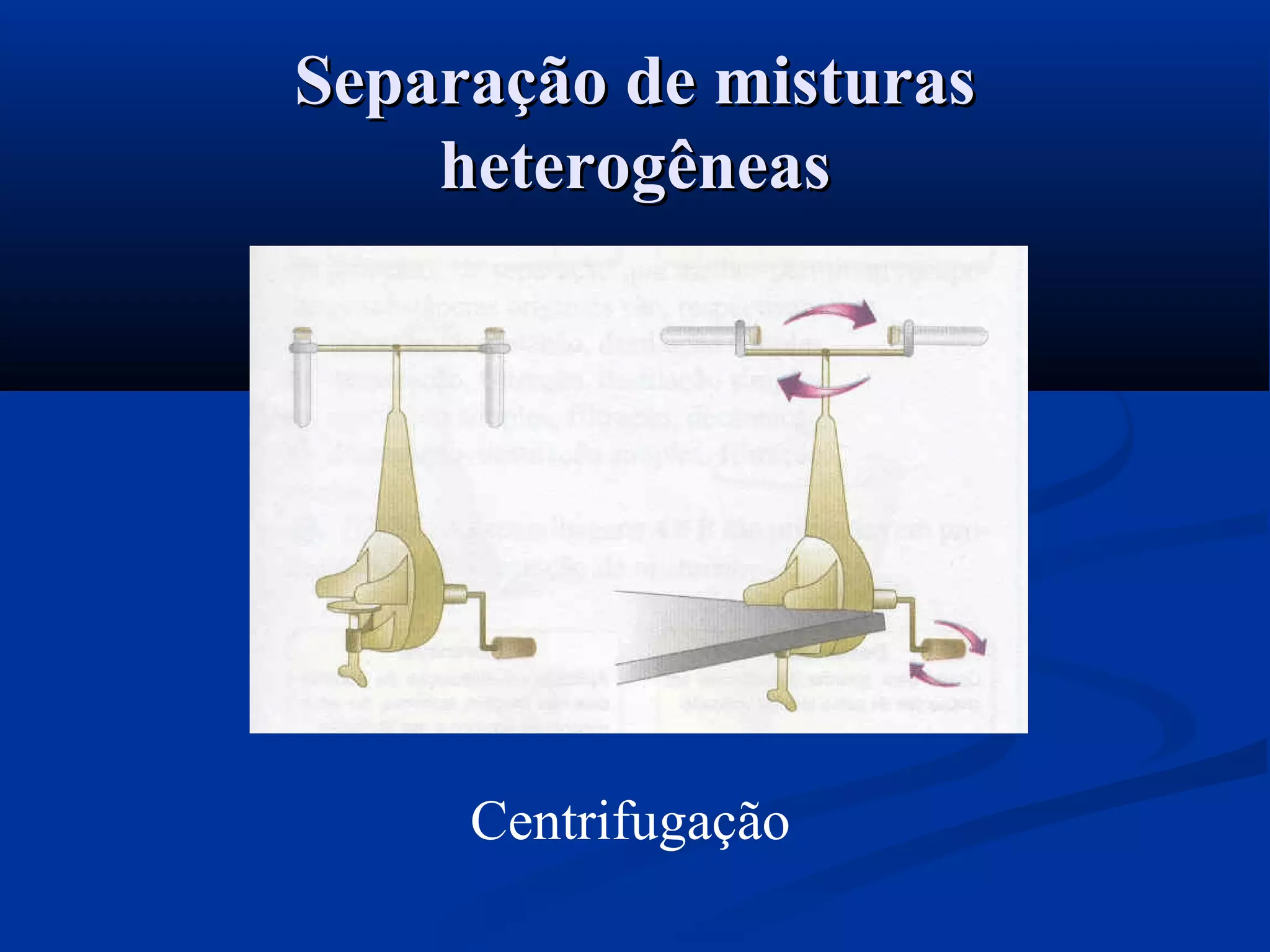 Centrifugação
Separação de misturasSeparação de misturas
heterogêneasheterogêneas
 