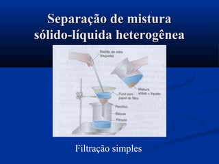 Filtração simples
Separação de misturaSeparação de mistura
sólido-líquida heterogêneasólido-líquida heterogênea
 