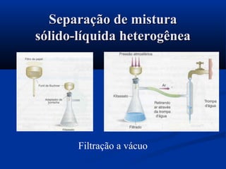 Filtração a vácuo
Separação de misturaSeparação de mistura
sólido-líquida heterogêneasólido-líquida heterogênea
 