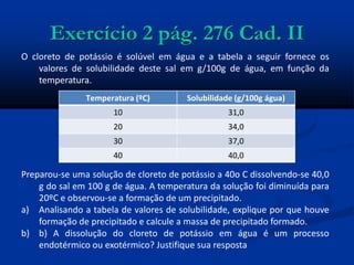 Exercício 2 pág. 276 Cad. II
O cloreto de potássio é solúvel em água e a tabela a seguir fornece os
valores de solubilidade deste sal em g/100g de água, em função da
temperatura.
Preparou-se uma solução de cloreto de potássio a 40o C dissolvendo-se 40,0
g do sal em 100 g de água. A temperatura da solução foi diminuída para
20ºC e observou-se a formação de um precipitado.
a) Analisando a tabela de valores de solubilidade, explique por que houve
formação de precipitado e calcule a massa de precipitado formado.
b) b) A dissolução do cloreto de potássio em água é um processo
endotérmico ou exotérmico? Justifique sua resposta
Temperatura (ºC) Solubilidade (g/100g água)
10 31,0
20 34,0
30 37,0
40 40,0
 