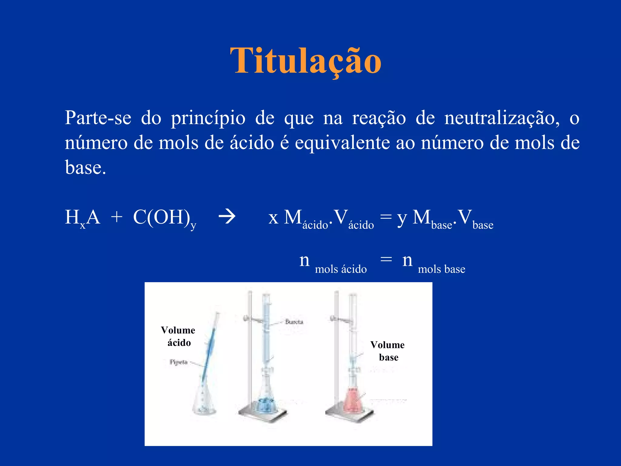 Titulação
Parte-se do princípio de que na reação de neutralização, o
número de mols de ácido é equivalente ao número de mols de
base.
HxA + C(OH)y  x Mácido.Vácido = y Mbase.Vbase
Volume
ácido Volume
base
n mols ácido
= n mols base
 